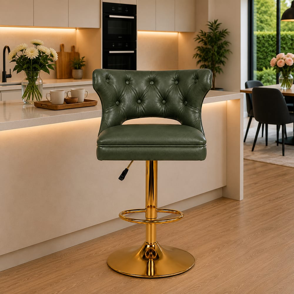 Doe Buck Verona Faux Leather Adjustable Bar Stool in Green Colour with Gold Base - Doe Buck