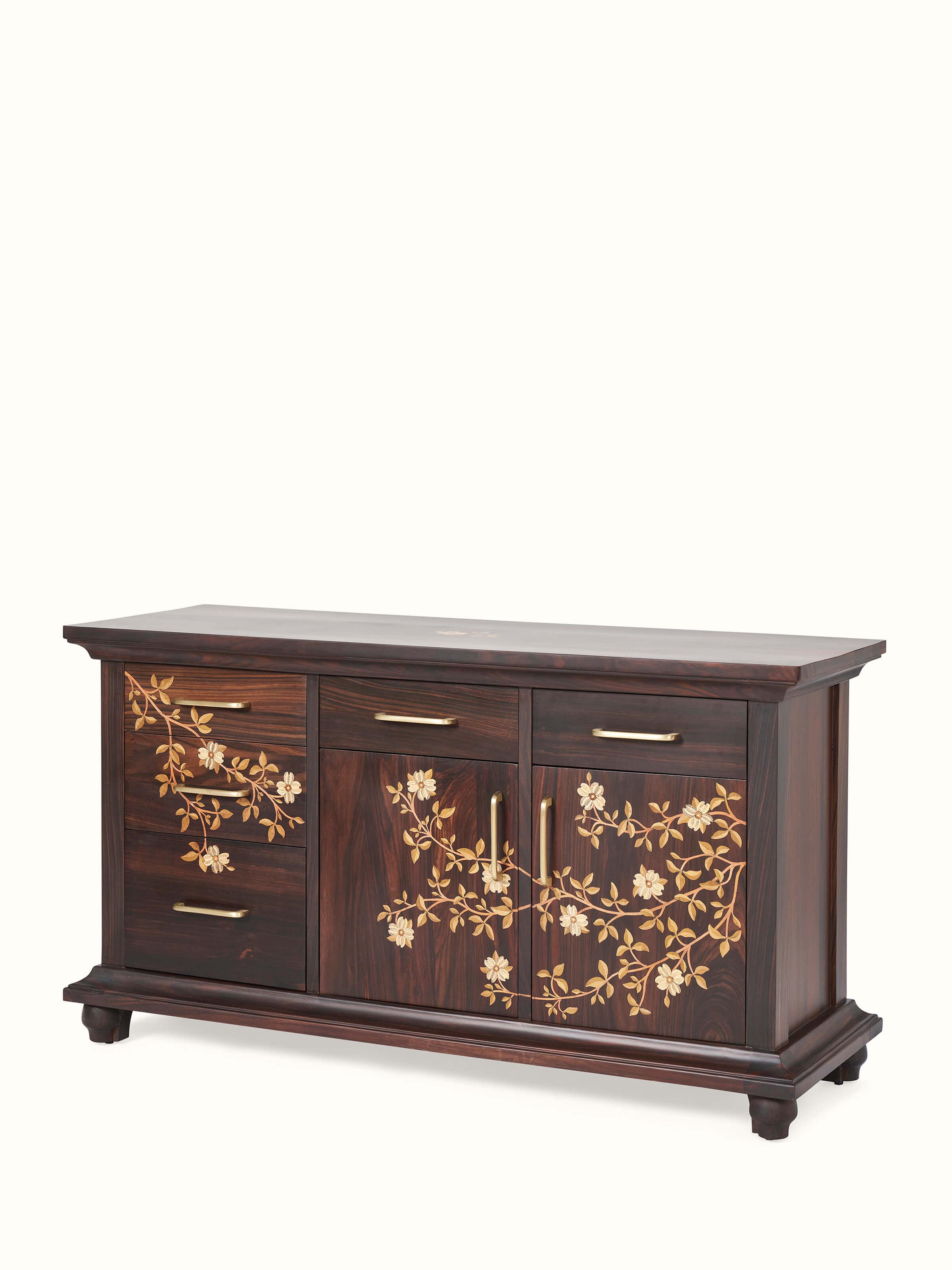 Side view of Masaurhi sideboard, highlighting the side profile and rosewood inlays.