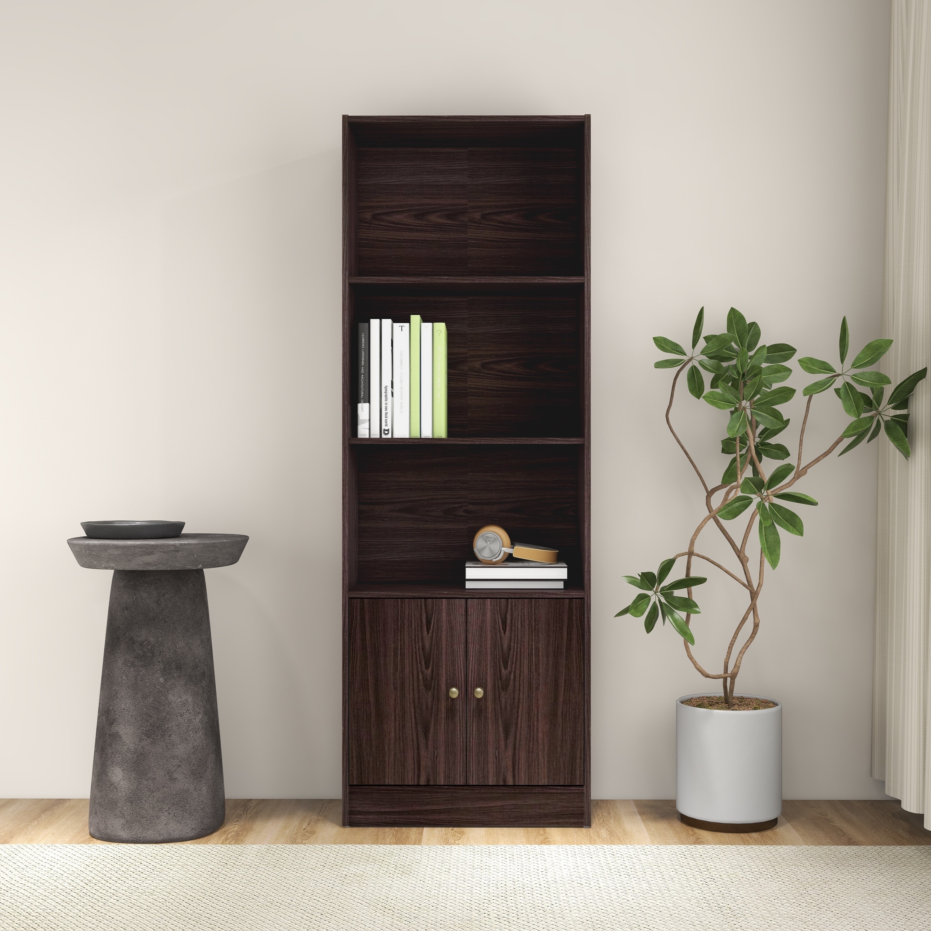 Hayao Engineered Wood 3 Tier Book Shelf  With Bottom Cabinet In Wenge Finish