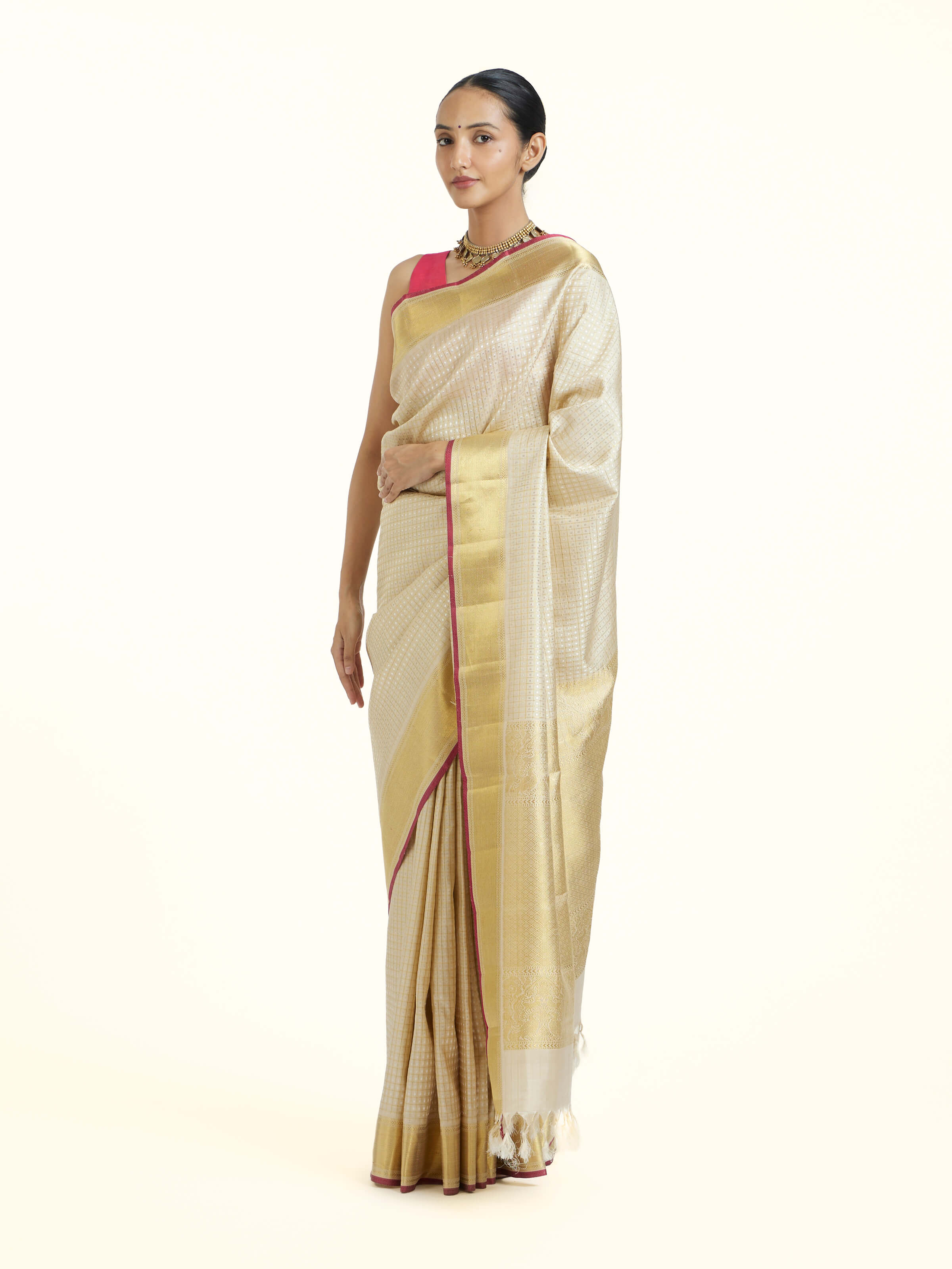 Beige Kancheepuram Silk Zari Saree