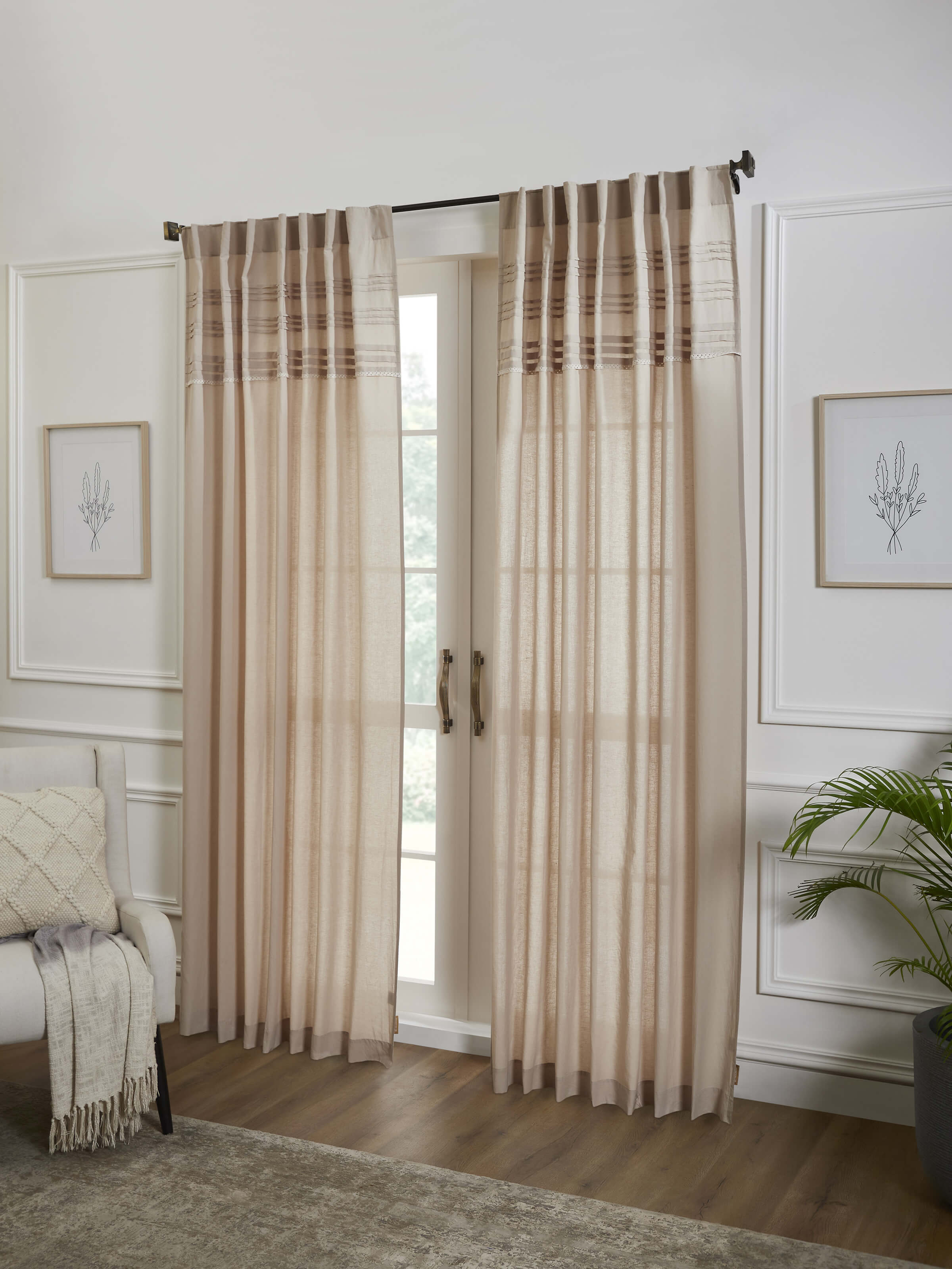 Nityam Beige Pleated Cotton Linen Crochet Curtain (9Ft)