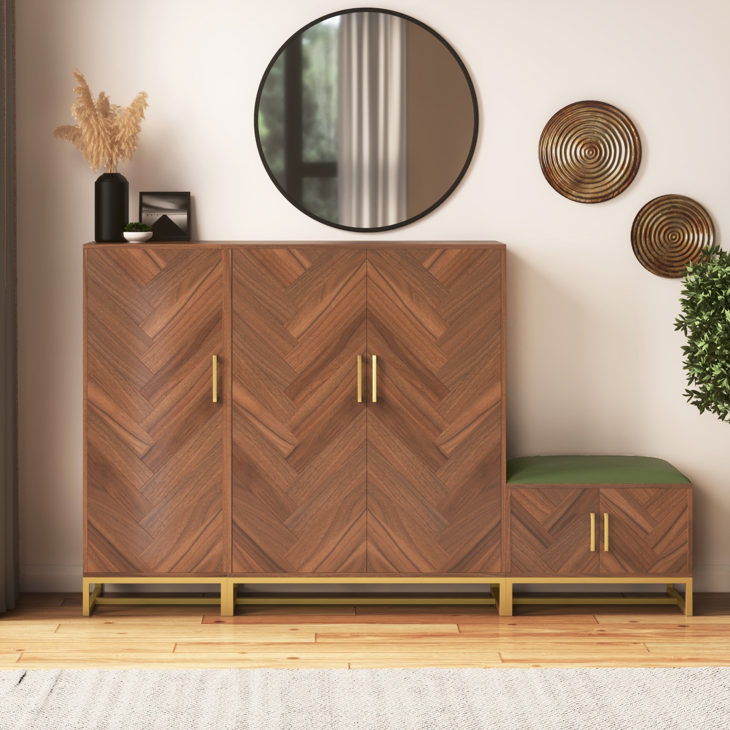 Nina 40 Pair Solid Wood Shoe Cabinet with Seat In Amber Walnut Finish