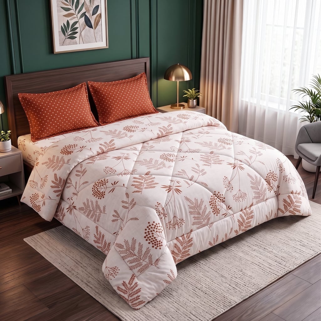 Cream Floral 4 Pcs Comforter Set With Queen Size Bedsheet With 2 Pillow Covers