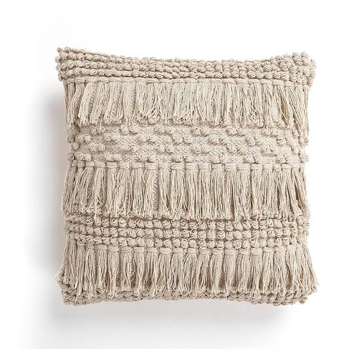 Tufted And Fringed Cotton Cushion Cover