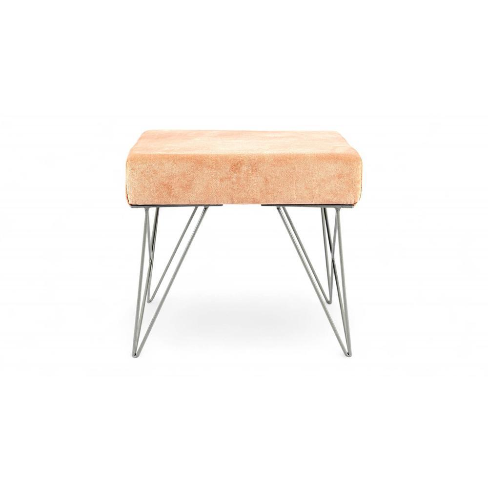 Asansol Sheesham Wood Accent Square Set of 2 Stools     in Melon Pink Cotton Velvet Upholstery
