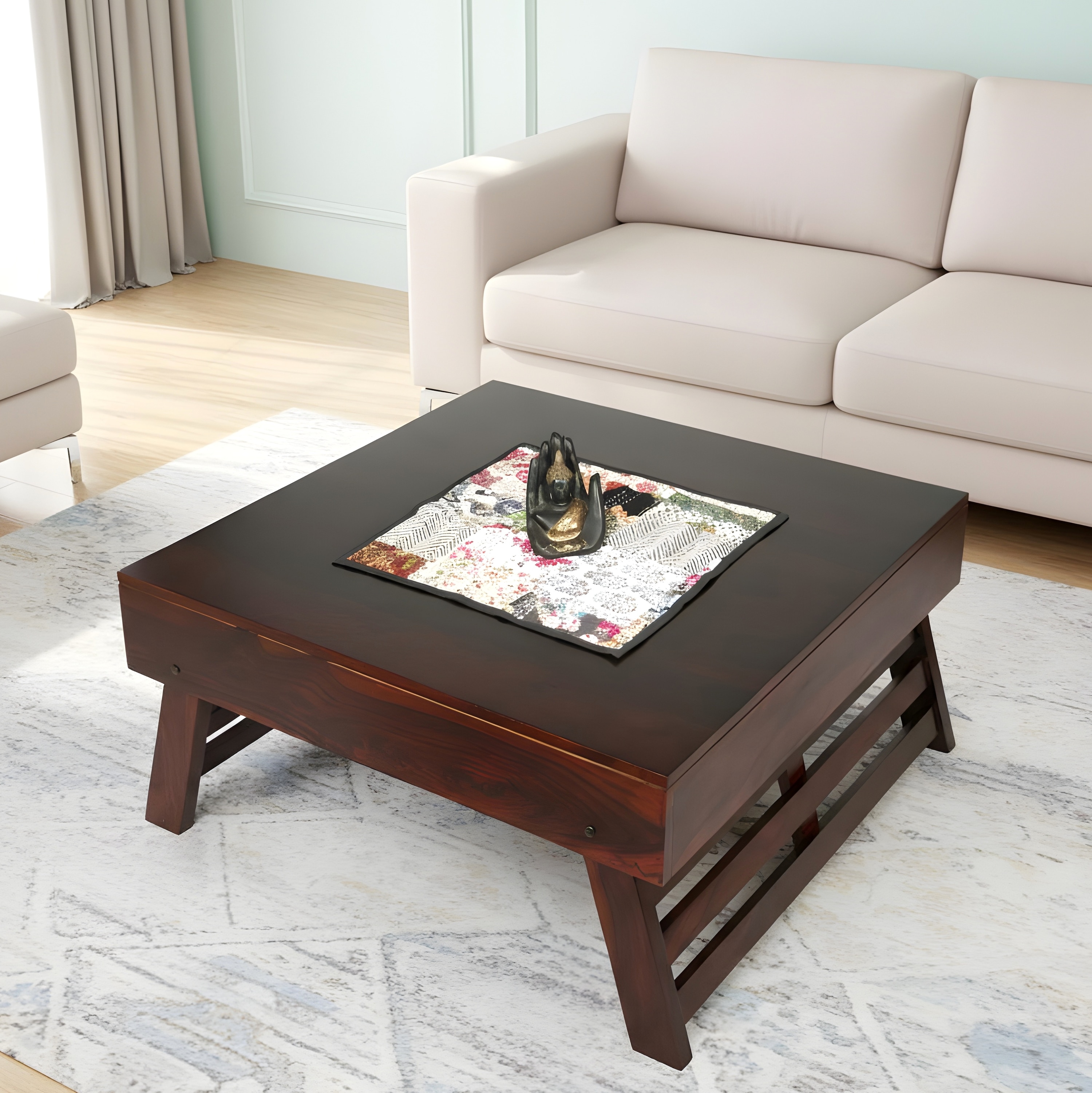 Bradford Sheesham Wood Contemporary Square Foldable Coffee Table In Dark Walnut Finish