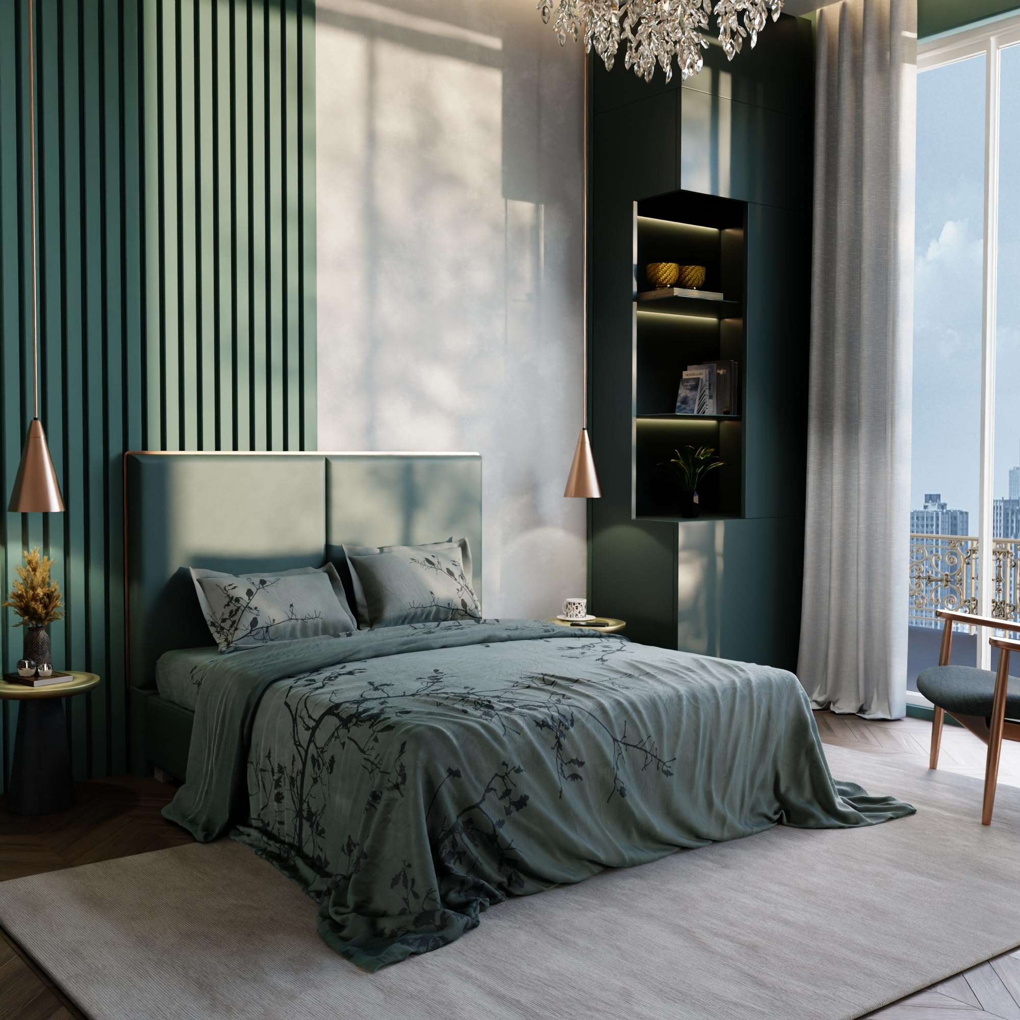 Stoa Paris Super King Size 100% Cotton Bedsheet with 2 Pillow Covers  Size Green Charcoal