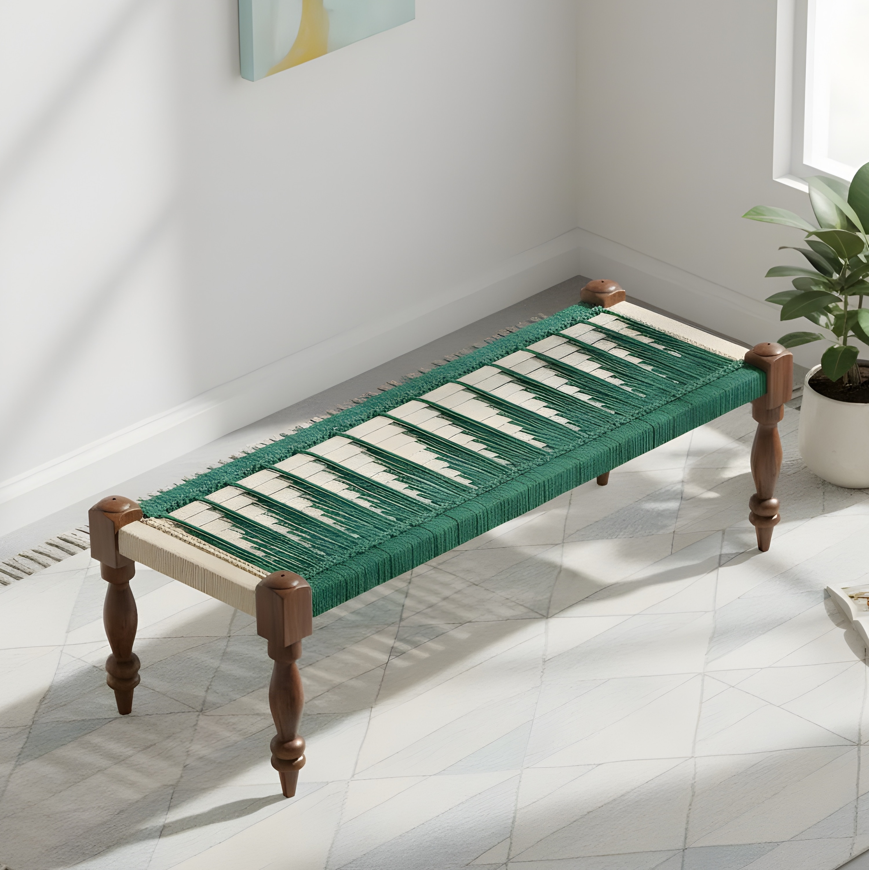 Hamilton Sheesham Wood Maachi Bench In Green & White Rope Canning - Ikiriya