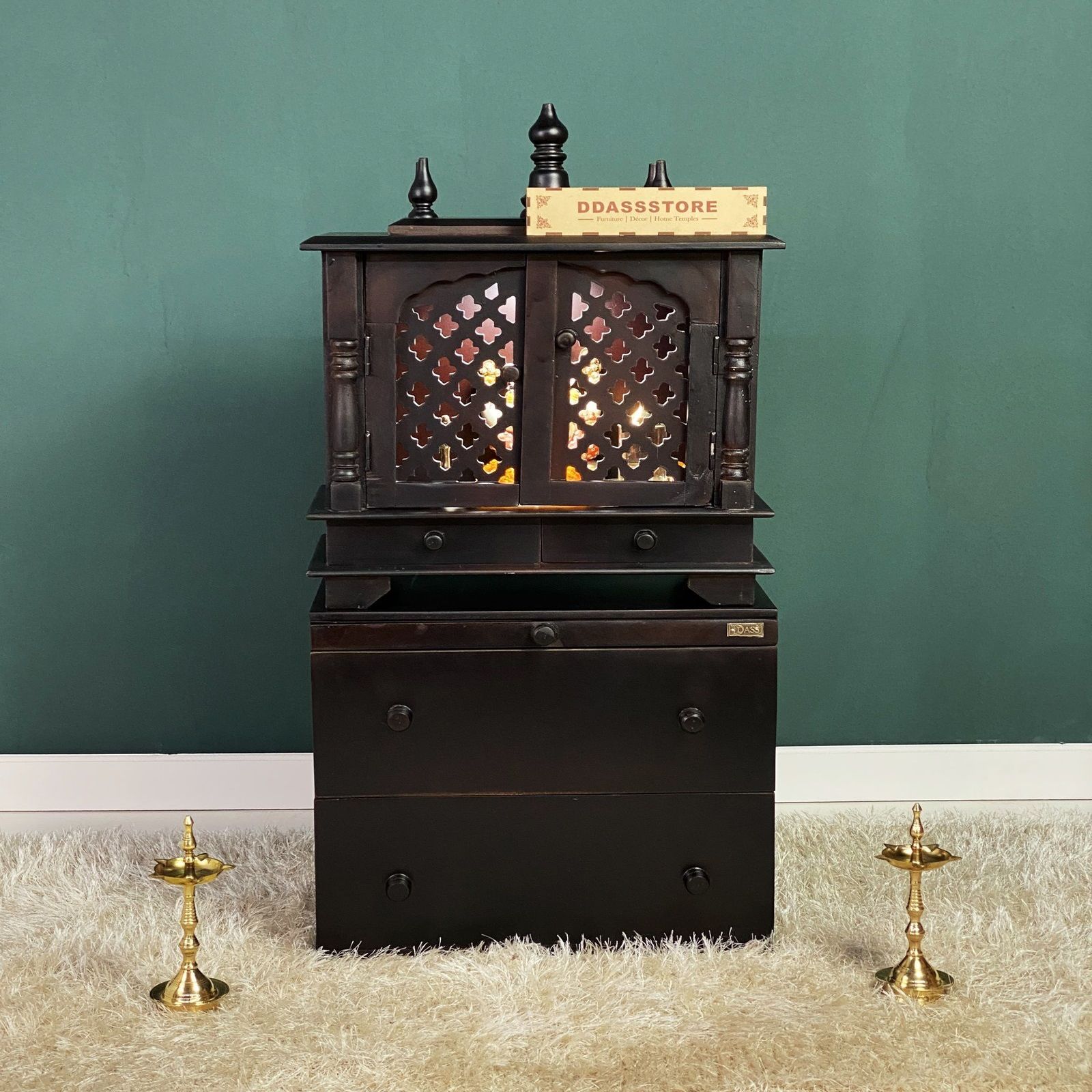D'Dass Multi Color Mdf and Sheesham Wooden Temple With Cabinet For Pooja - D'DASS
