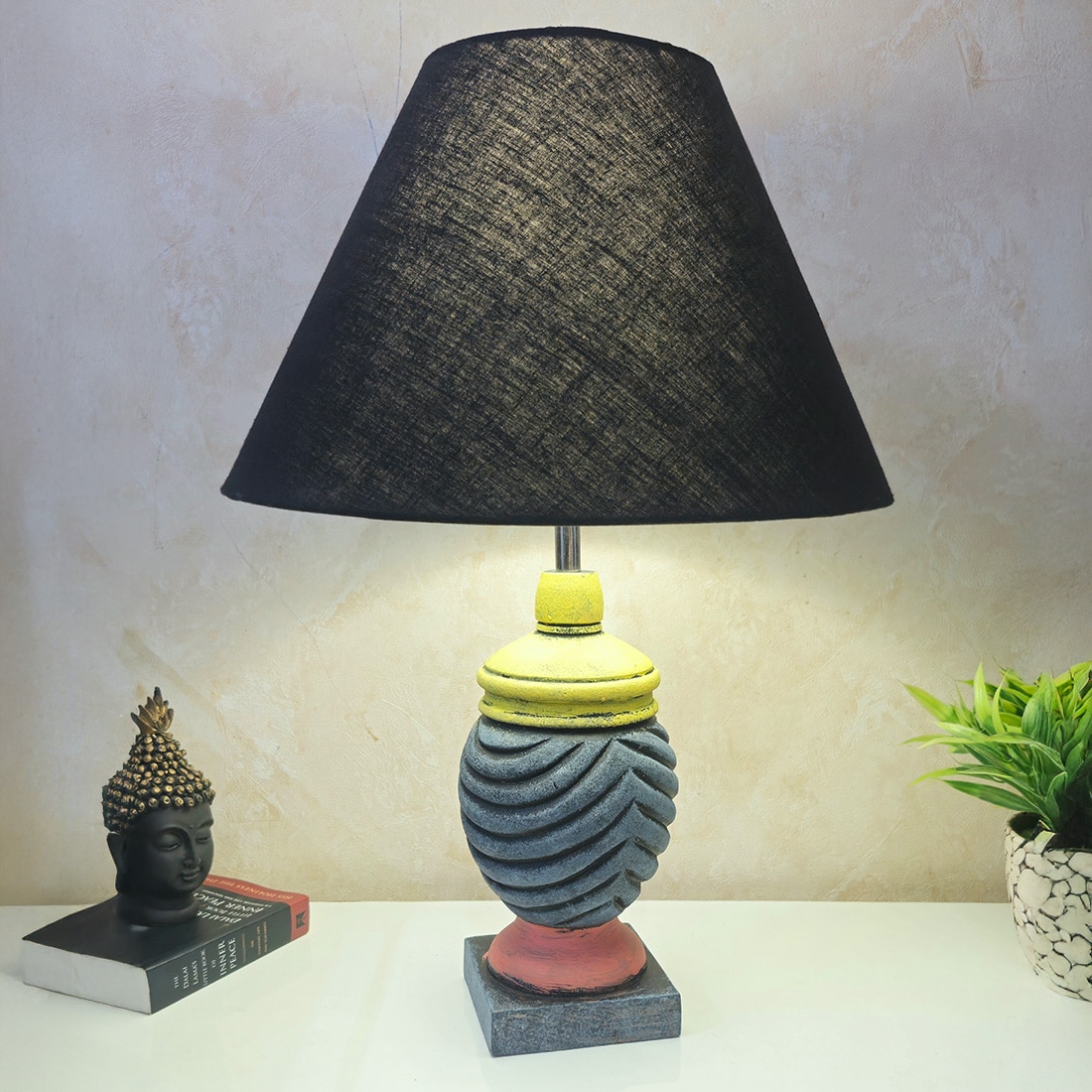 Multicolour Handpainted And Hancarved Distress Wooden Table Lamp