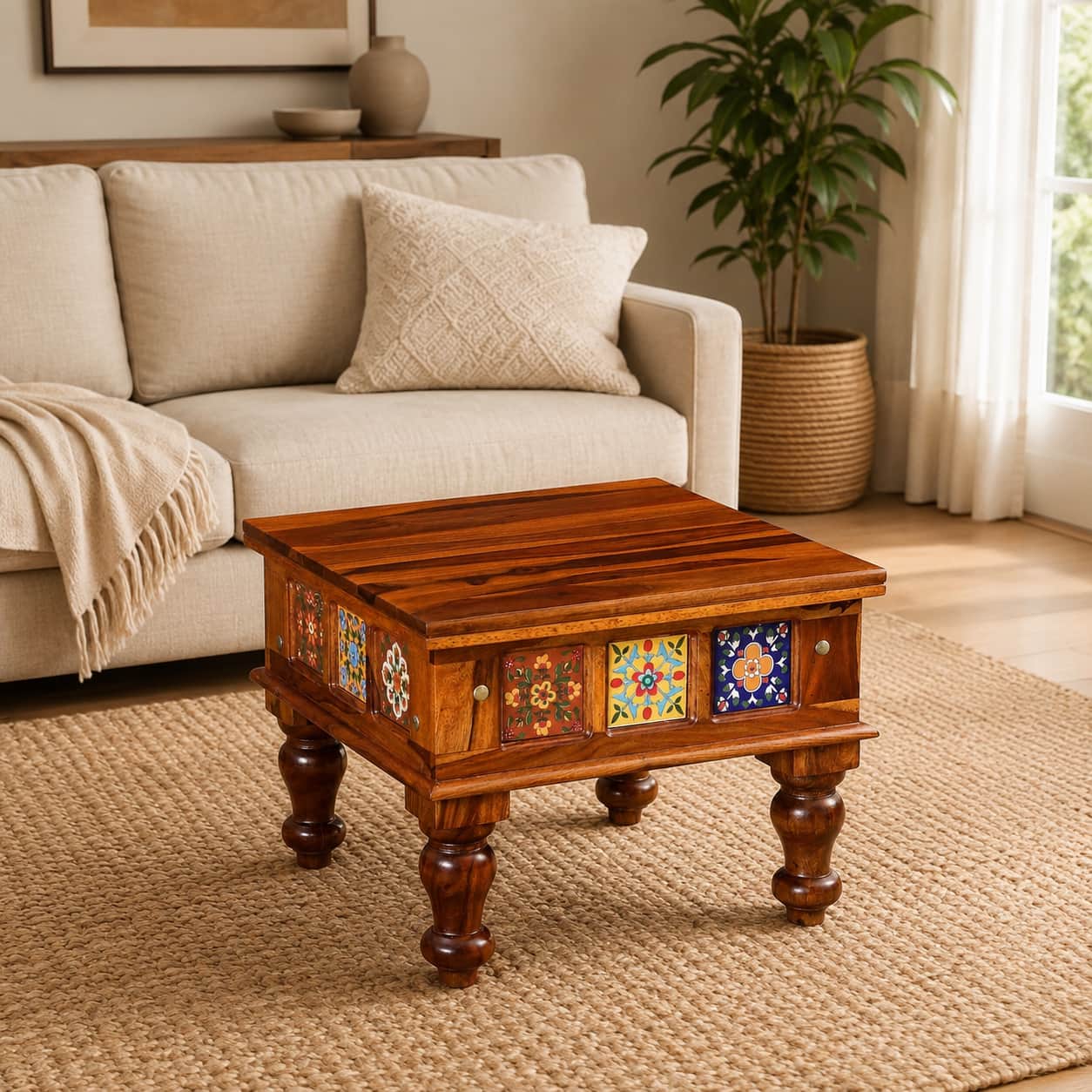 Rangrez Sheesham Wood Coffee Table in Honey Oak Finish - Woodenmood