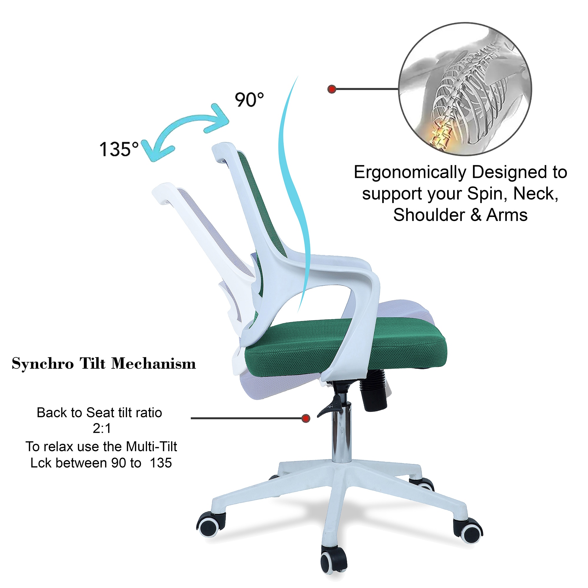 Xeanea Mid Back Ergonomic Chair in Dark Green Colour