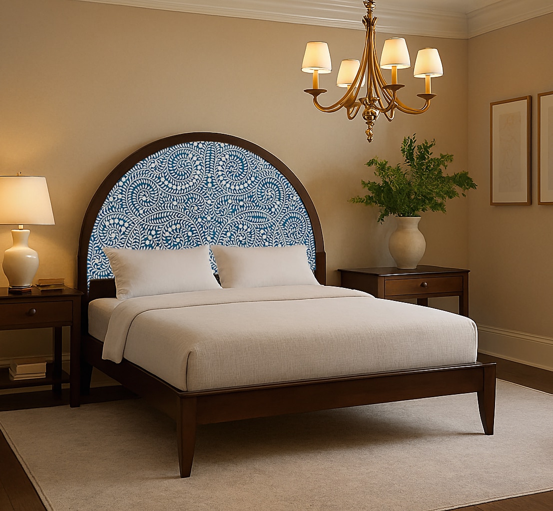 Sheesham Wood & Bone Inlay Queen-size Bed with Semicircular Headboard