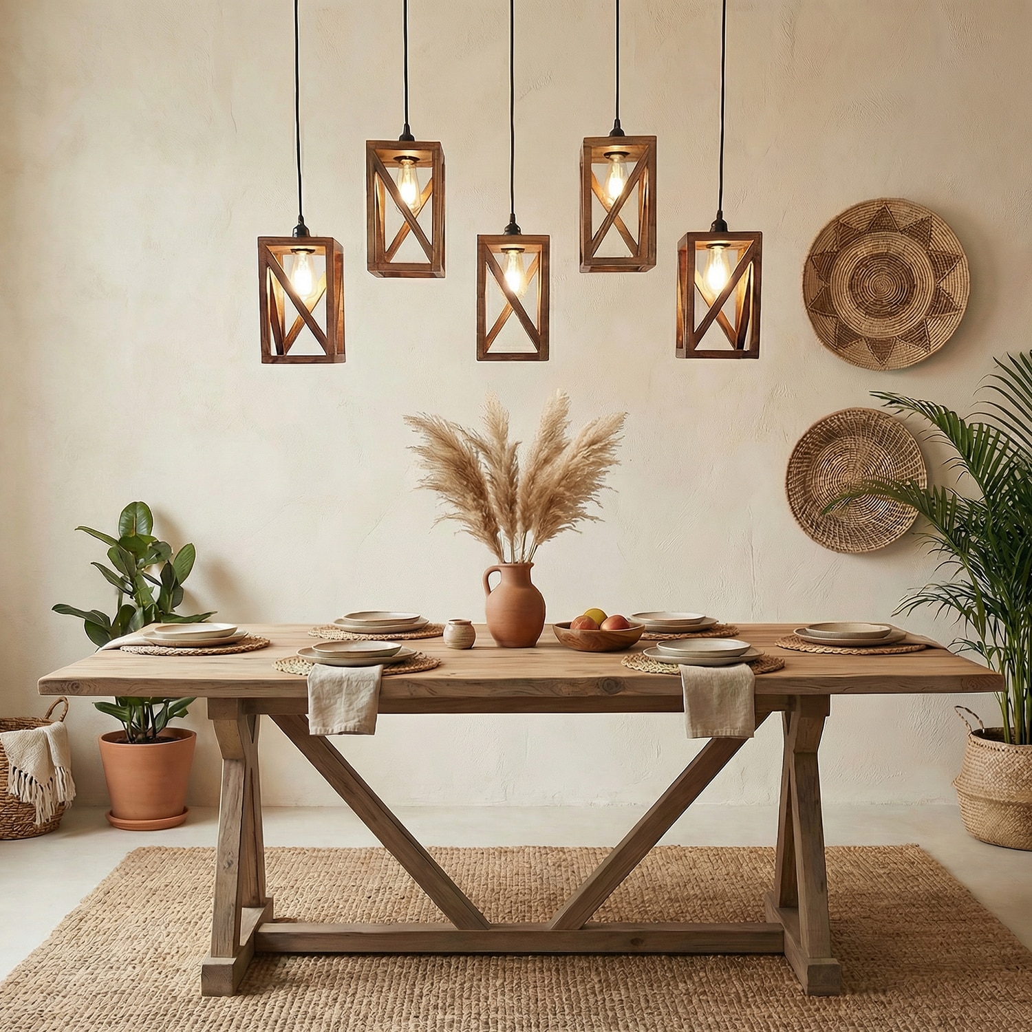 Symmetric 5 Series Brown Solid Wood Cluster Hanging Light