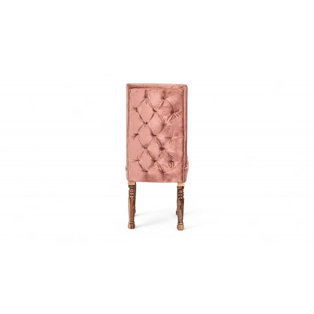 Rosslyn wood Dining Chair in Coral Pink Velvet Upholstery with TEAK FINISH