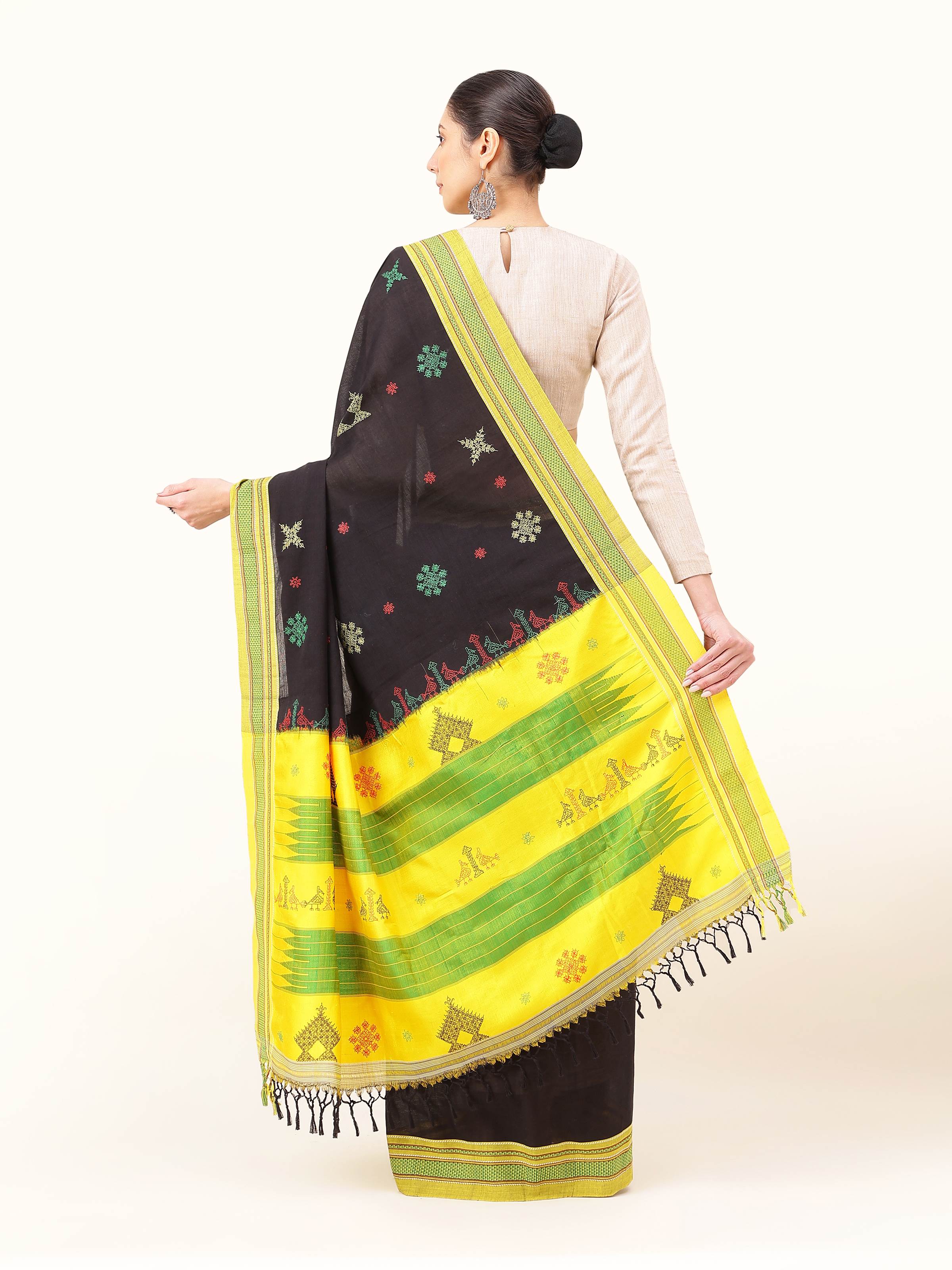 Back view of black cotton silk Kasuti embroidered saree with full pallu design