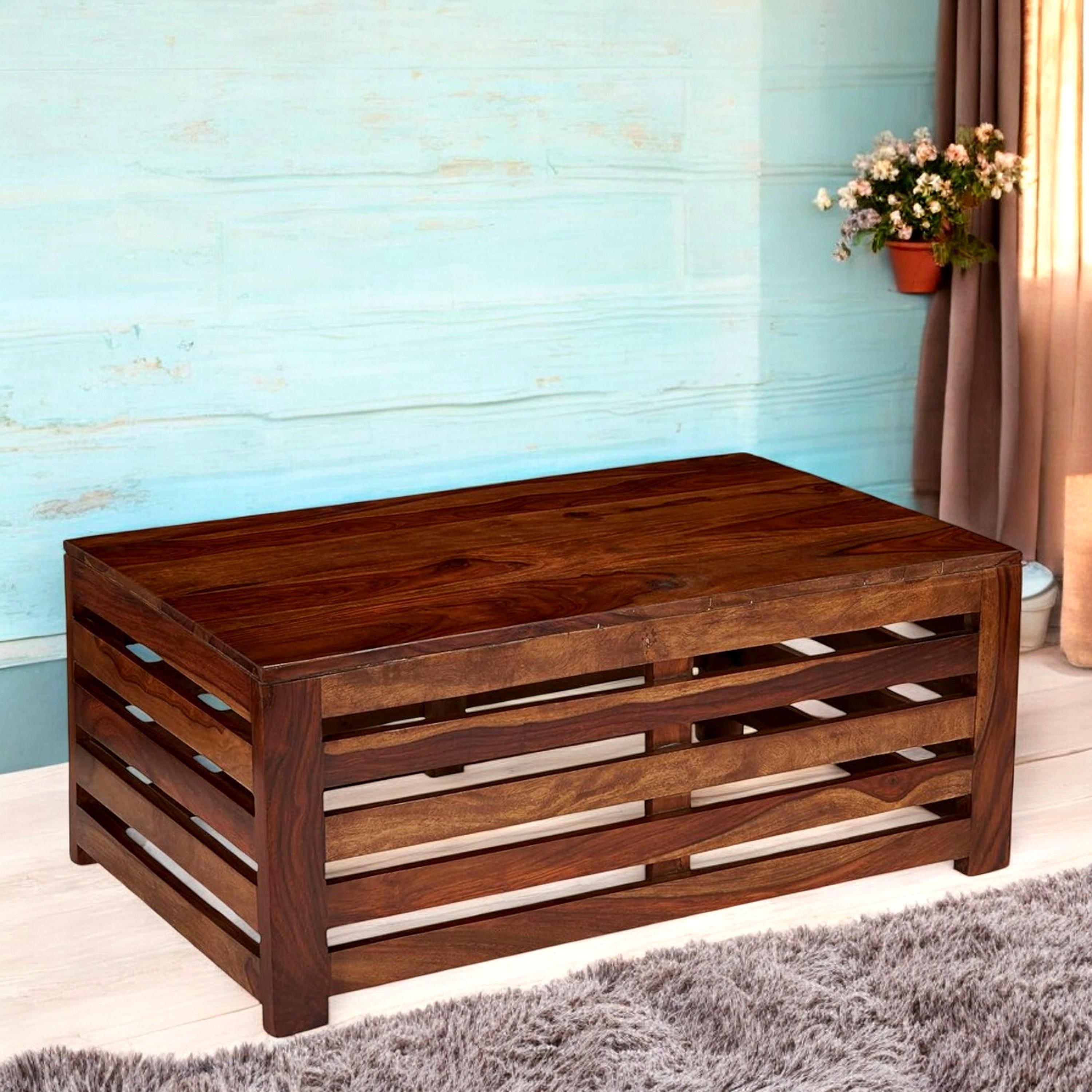Erickson Sheesham Wood Contemporary Rectangle Coffee Table In Natural Teak Finish