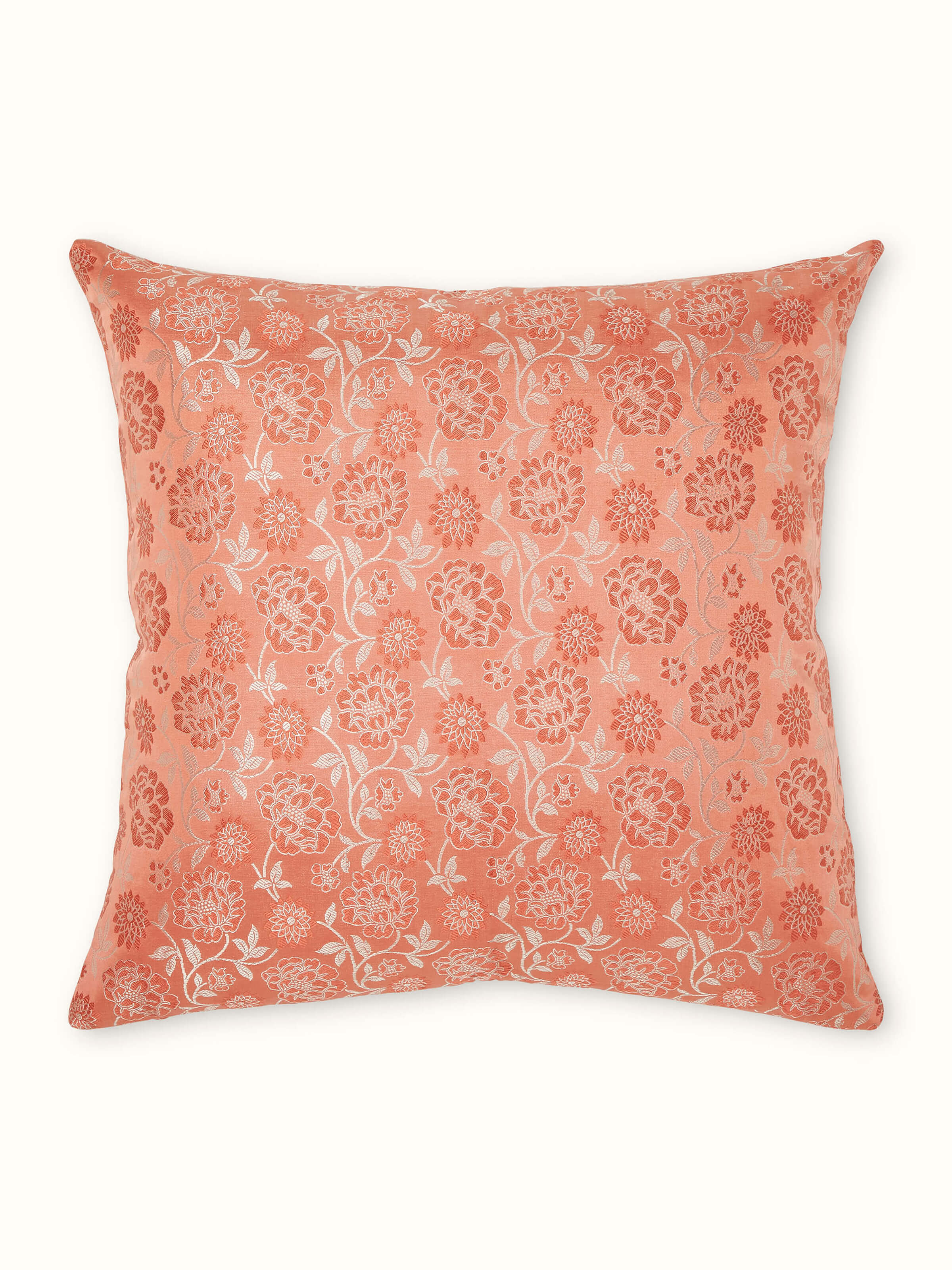 Ahilya Peach Jaal Silk Banarasi Brocade Handloom Cushion Cover
