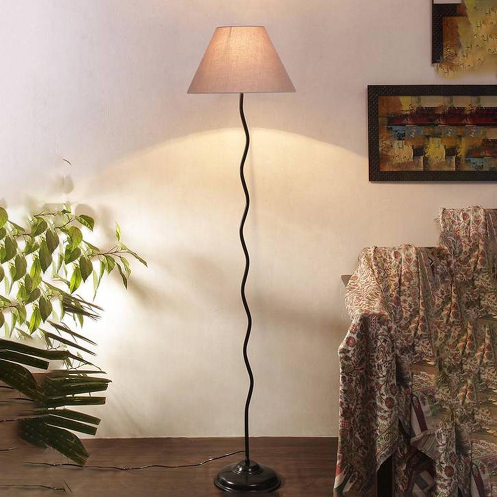 Isla Zig Zag Iron Floor lamp with Cotton Conical Grey shade (Z35)