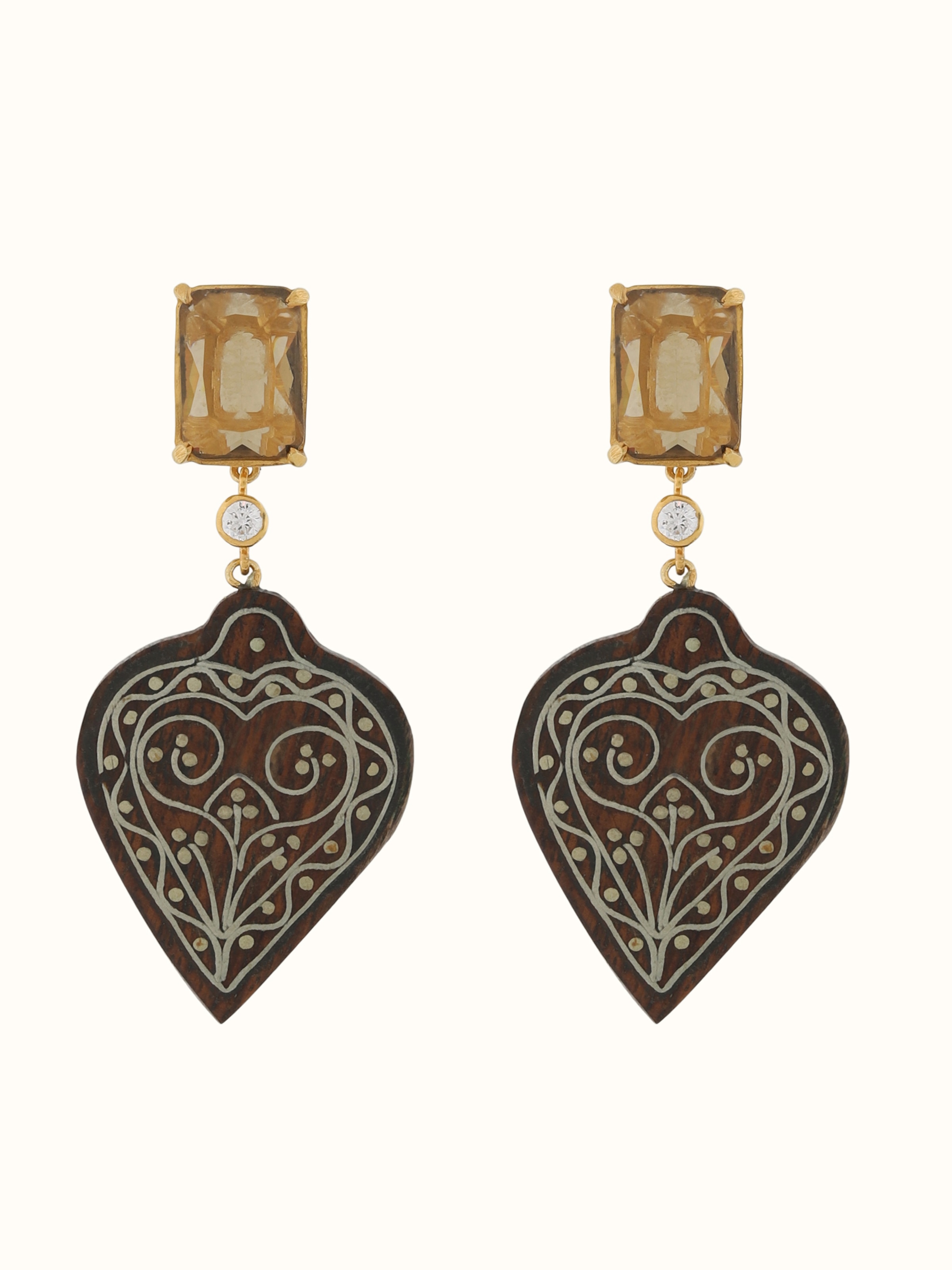 Front view of Tarkashi silver drop earrings with filigree-style linear wirework