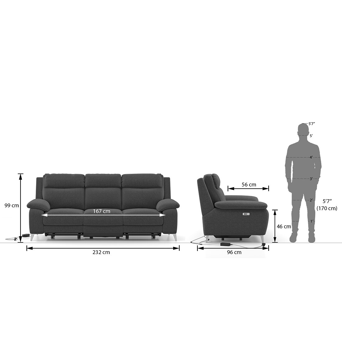 Emila Fabric Three Seater Motorized Recliner in Grey Colour
