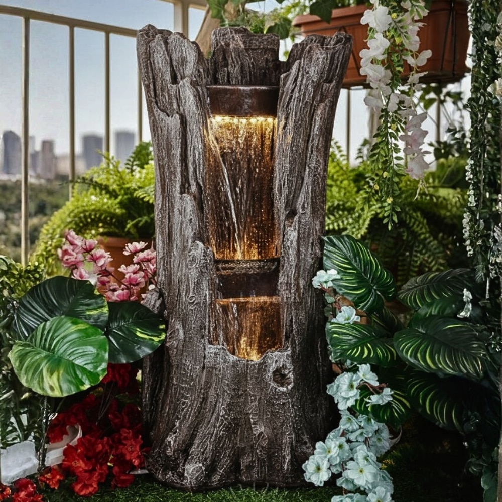 Grey Nature Inspired Carved Tree Water Fountain - Expleasia