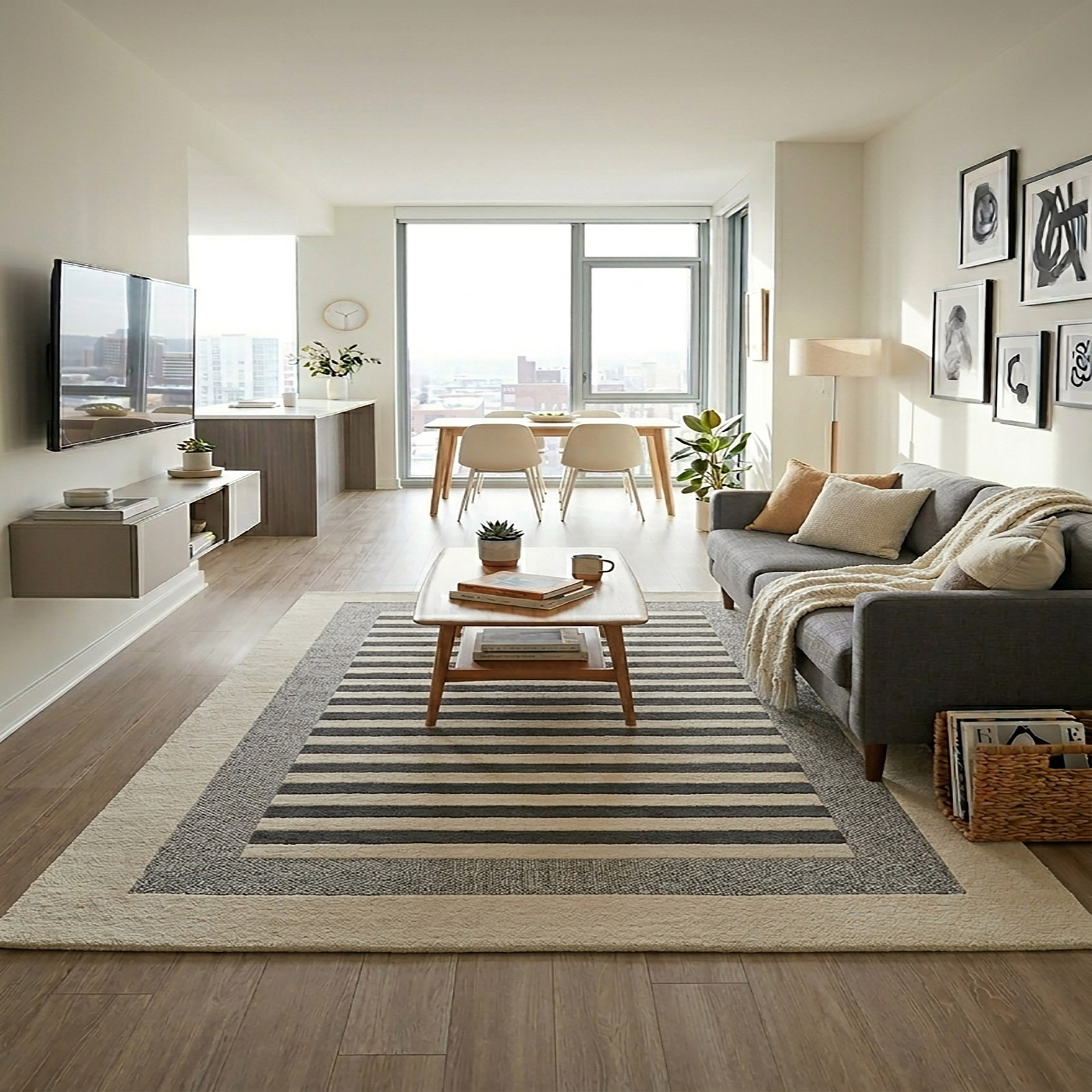 Handcrafted Wool Block Pattern Area Rug Grey Off White 62 x 91 - The Woven Legacy