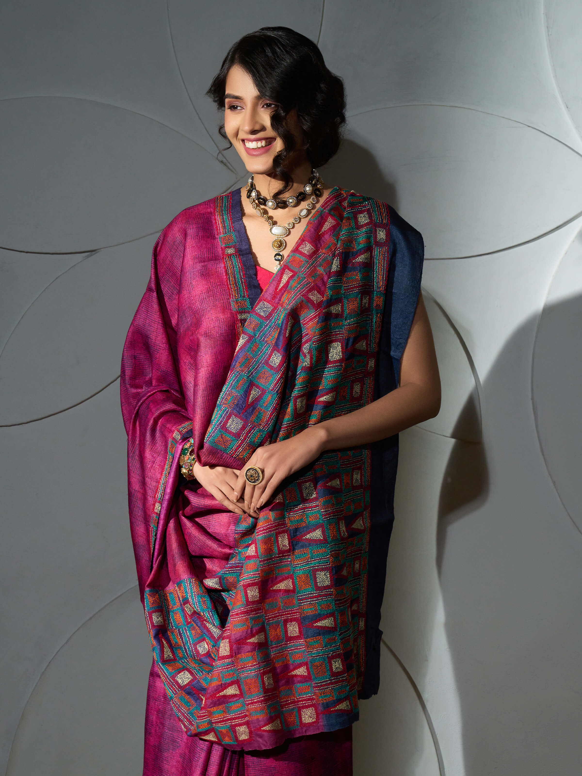 Magenta Tussar Silk Discharge Block Printed Kantha Embroidered Saree