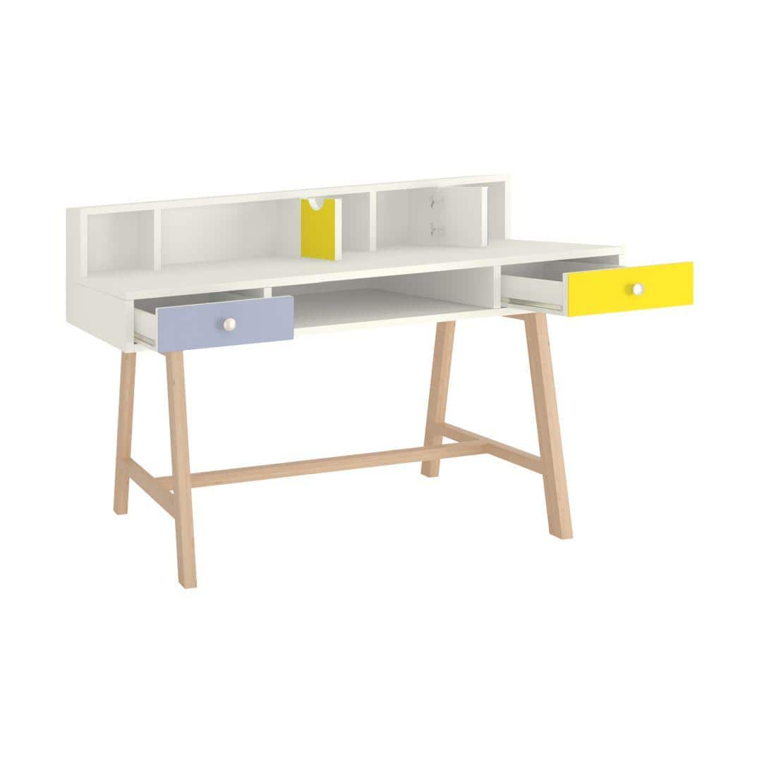 Samara Solid Wood Large 2 Level Study Desk with Drawers Shelves and Tapered Frame in Davy Grey Sunshine Yellow Colour