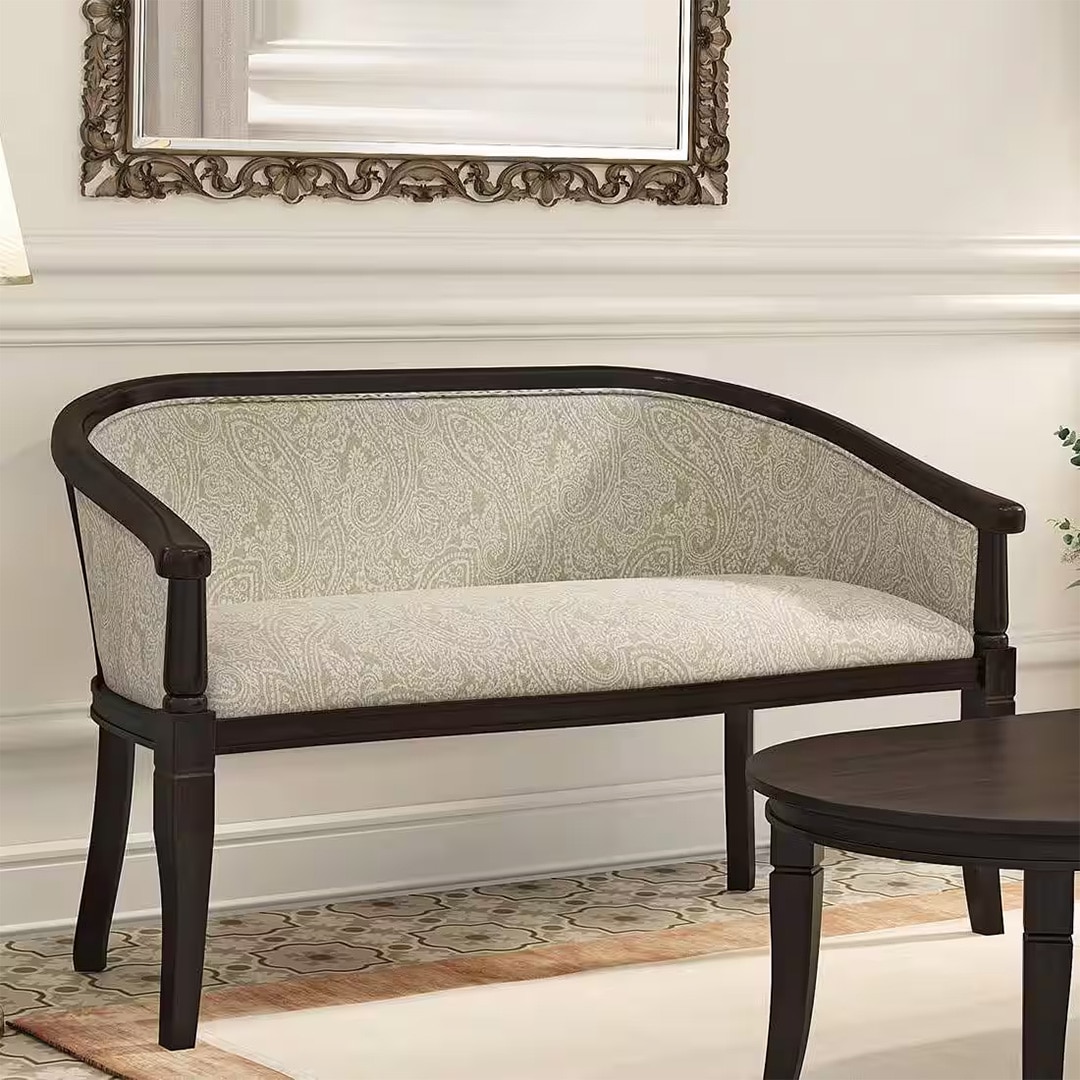 Florence Loveseat 2 Seater In Mahogany Finish With Monochrome Paisley Fabric Colour