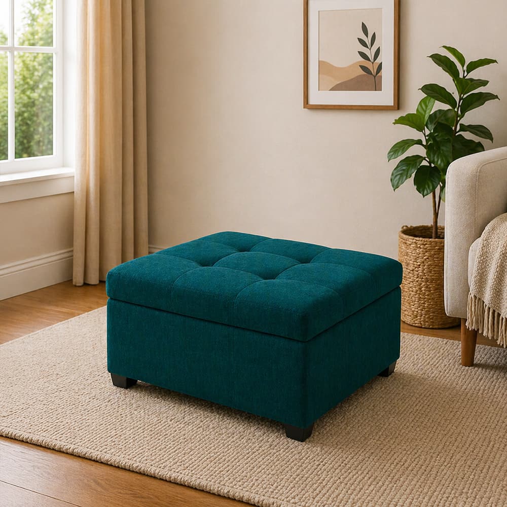Doe Buck Tufted Storage Ottoman Bench in Mustard Teal Colour Fabric - Doe Buck