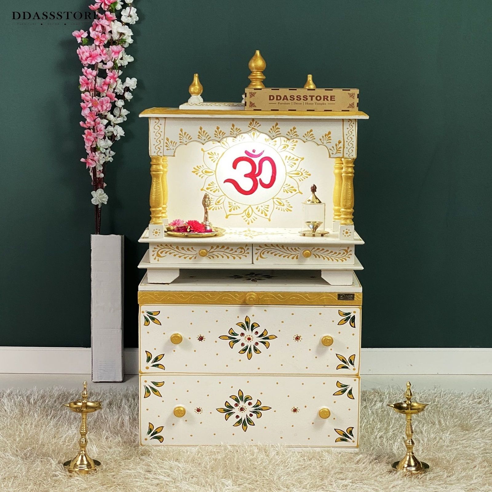 D'Dass Multi Color Mdf and Sheesham Wooden Temple With Cabinet For Pooja