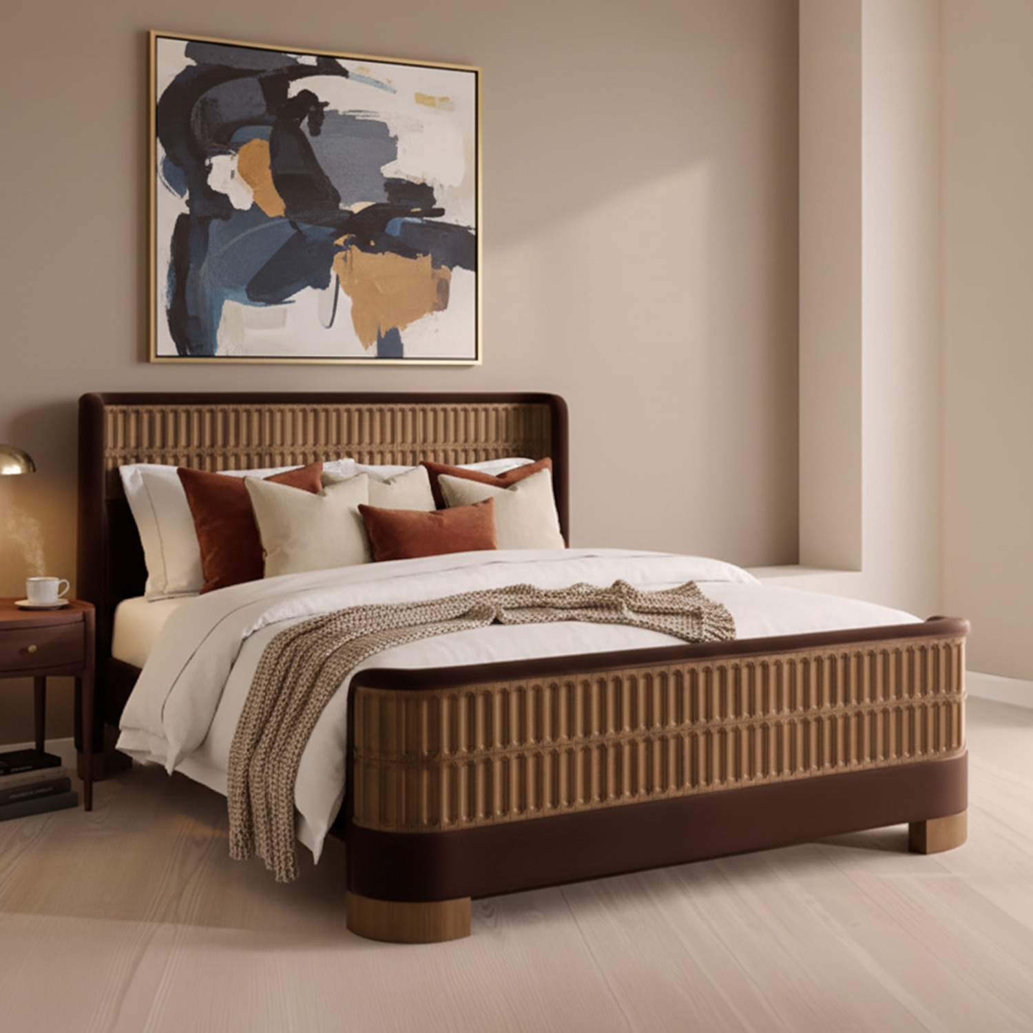 Heritage Cane Upholstered Queen Size Bed in Linen With Oak wood Frame - Nestroots