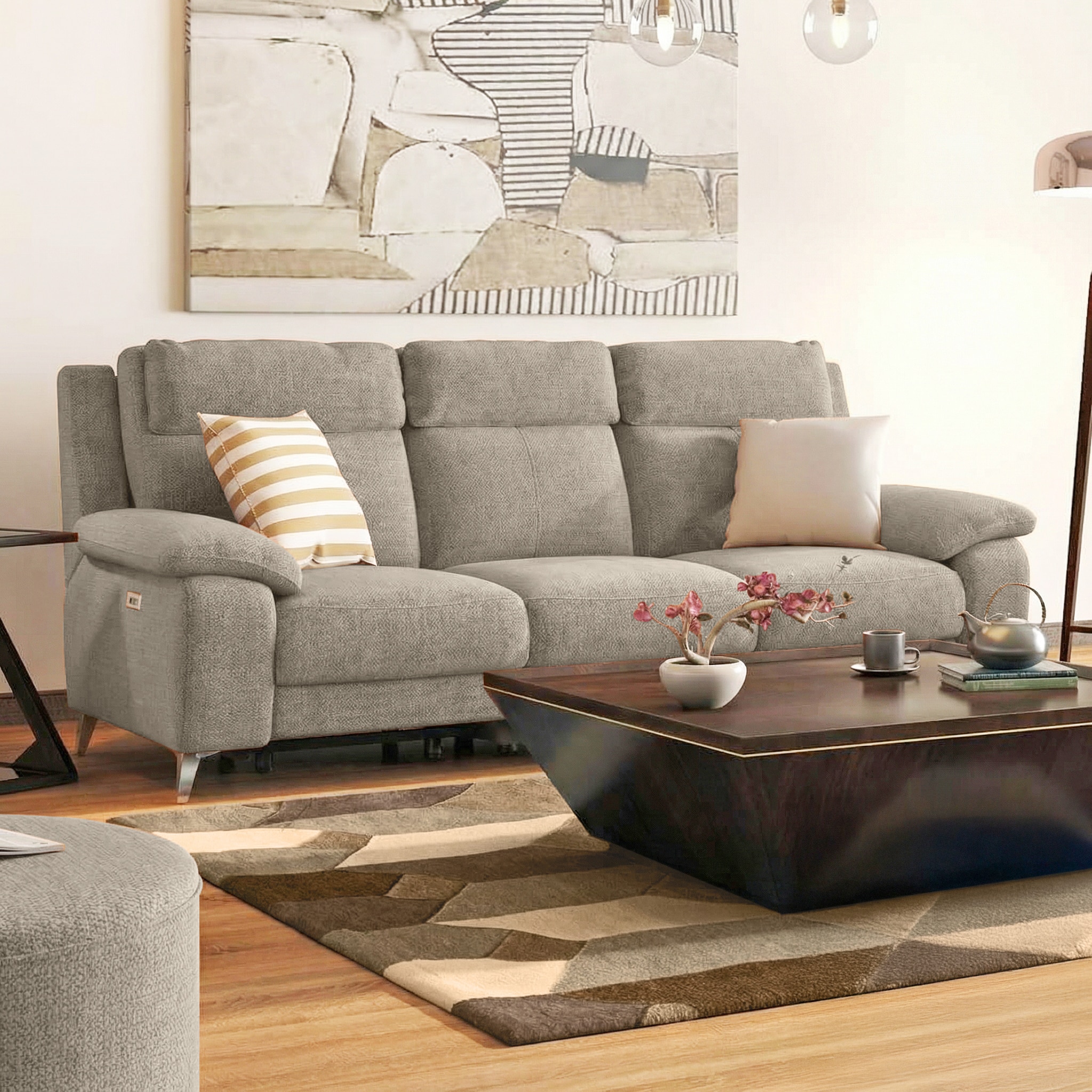 Emila Fabric Three Seater Motorized Recliner in Fossil Weave Colour