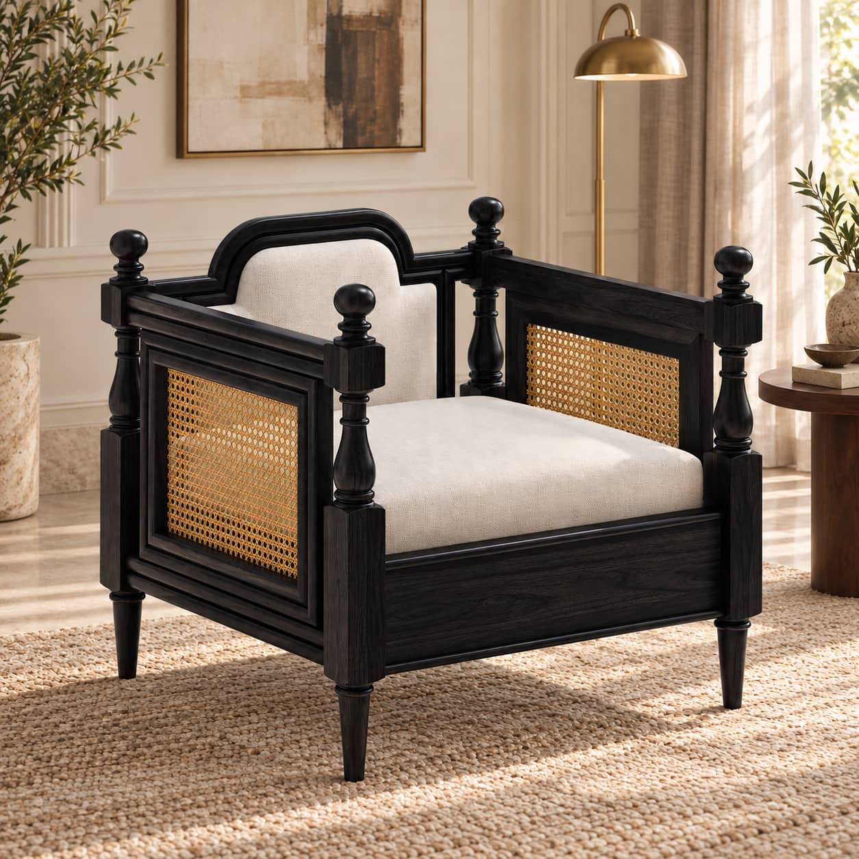 Rattan Solid wood Single Seater sofa in Black Finish in Ivory