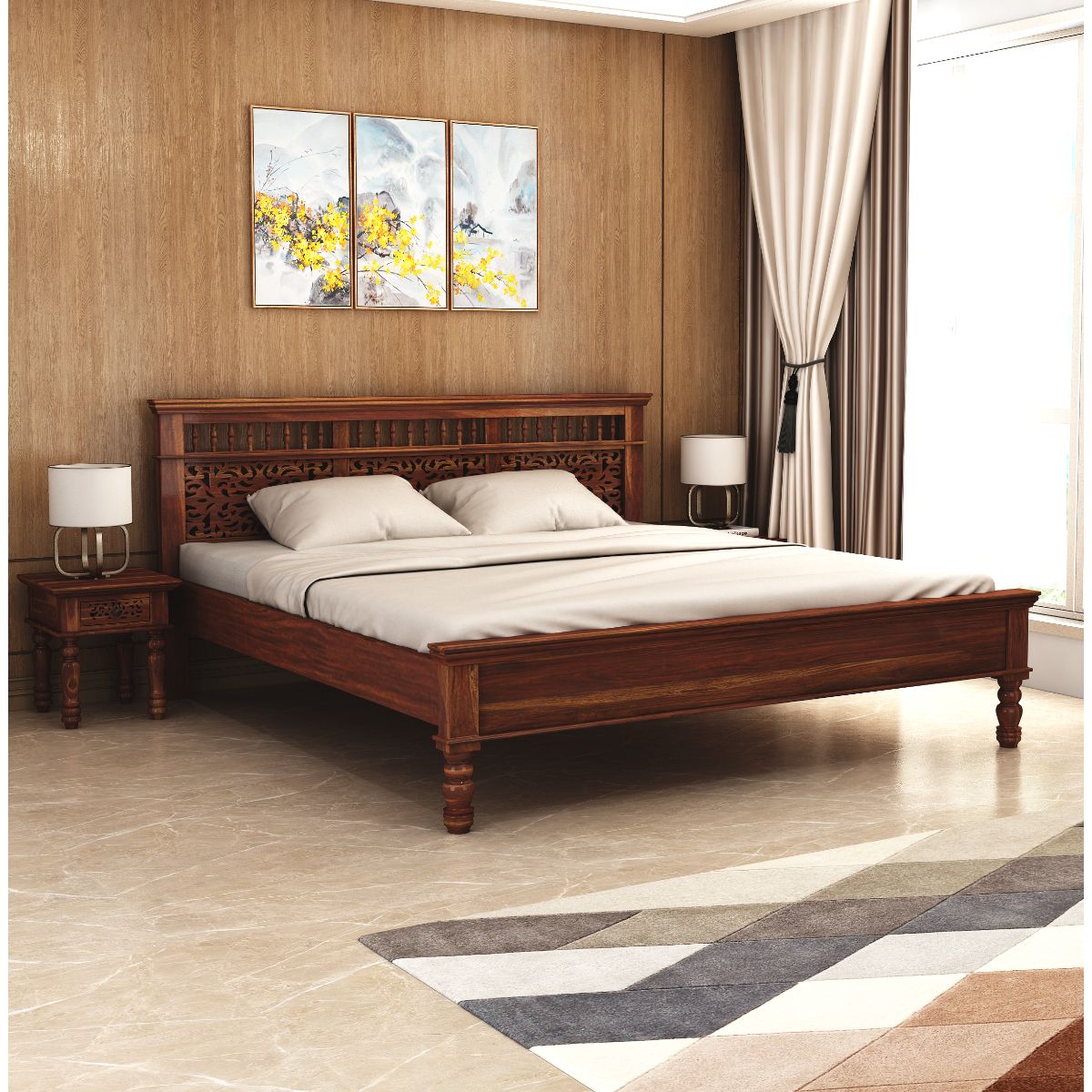 Miraya Solid Wood King Size Non Storage Bed In Teak Finish - Vishwakarma Antique