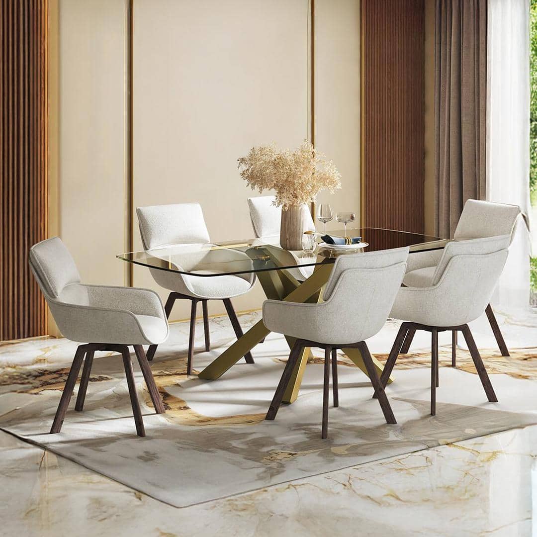 Zaida 6 Seater Dining Table With Set Of 6 Bren Swivel Dining Chairs (Colour- Ivory, Finish- Glass)