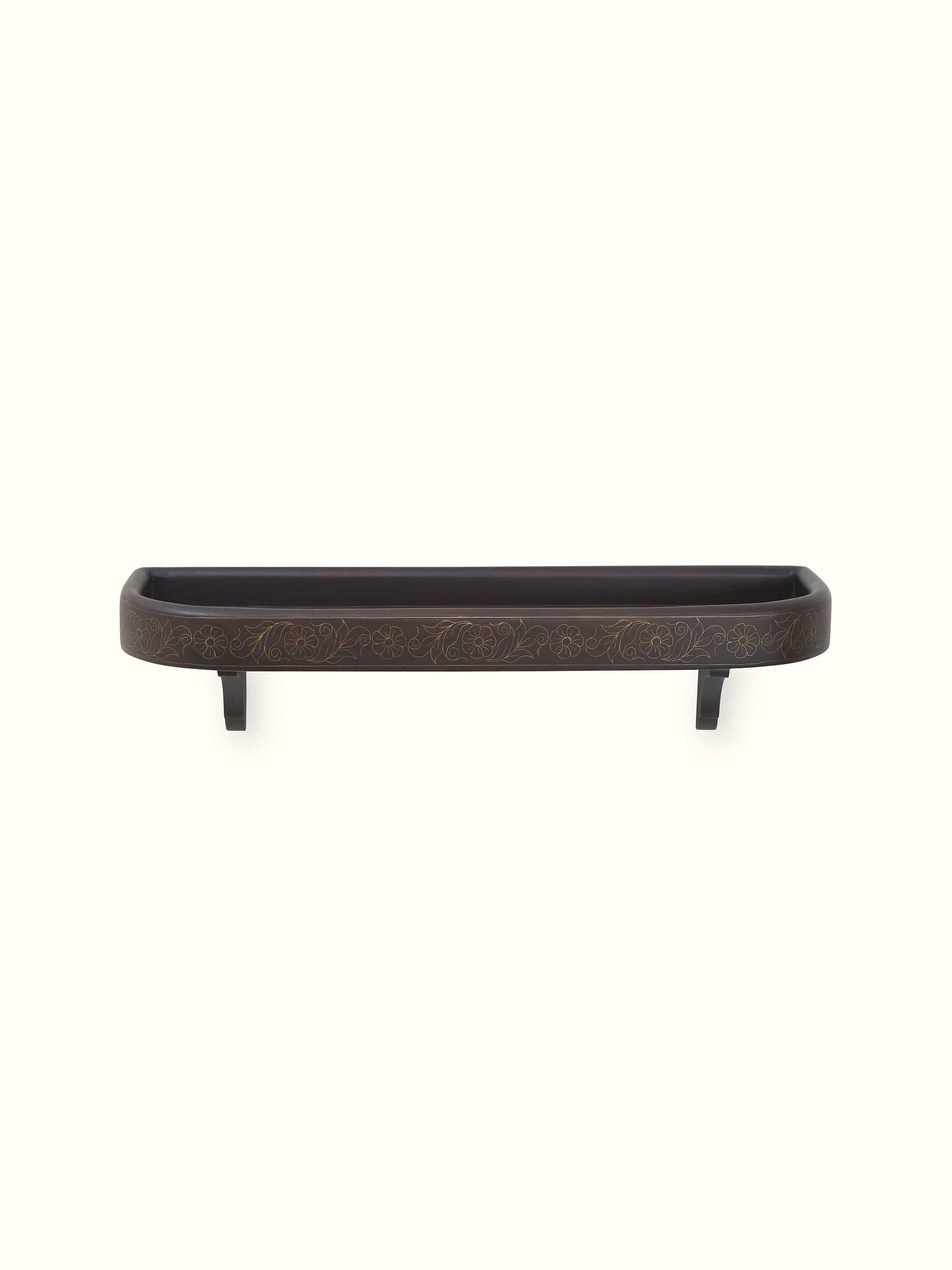 Front view of Sheesham Wood & Brass Tarkashi Wall Shelf with round edges, showcasing elegant design and craftsmanship