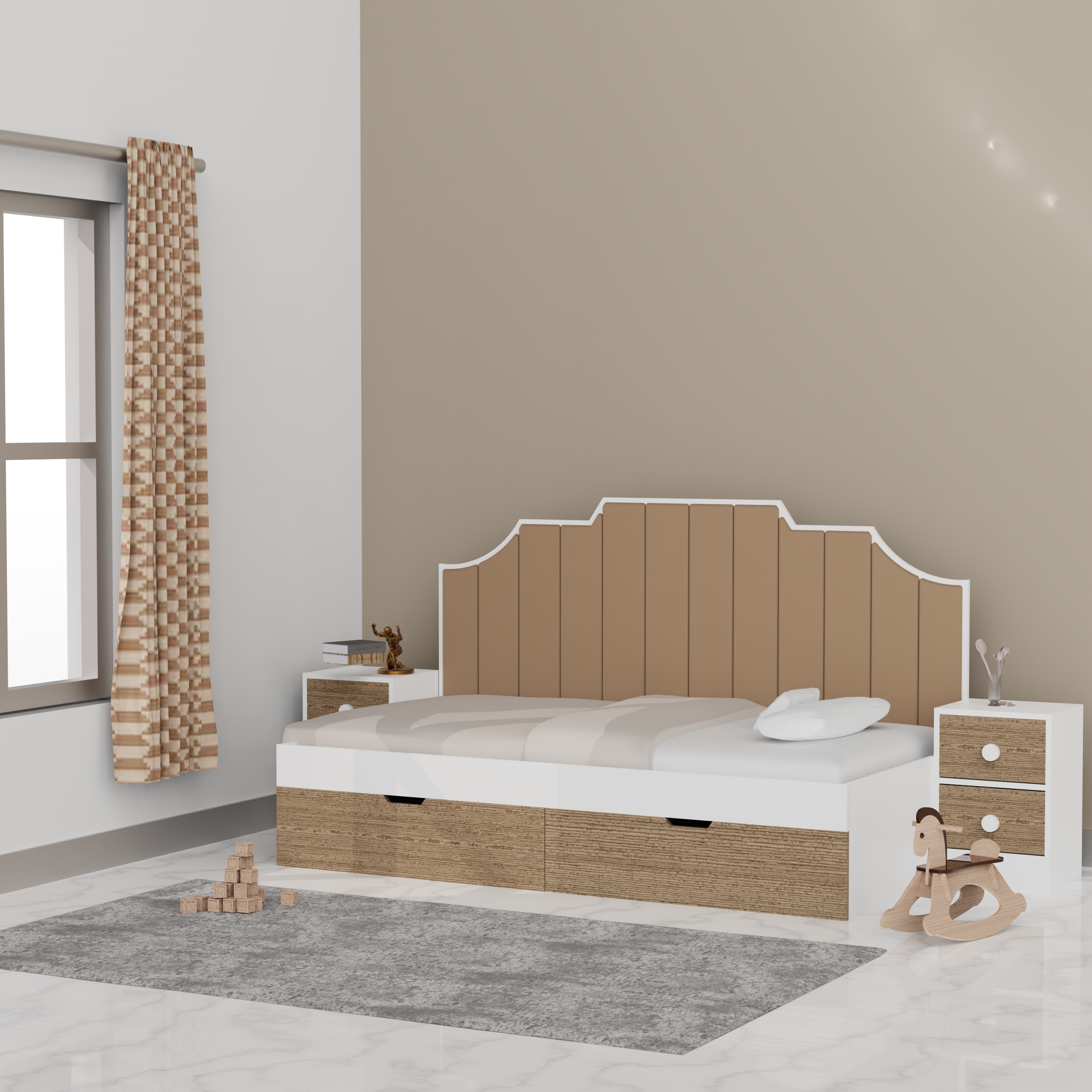 Pillowcastle Single Upholstered Bed With Brown Upholstered Panels At The Back In White and Brown Colour