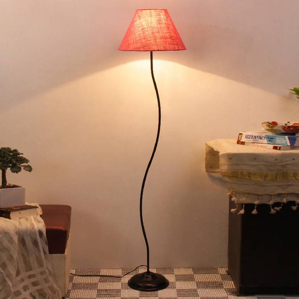 Cora Pink Natural Fiber Floor Lamp with Black Iron Base - Devansh