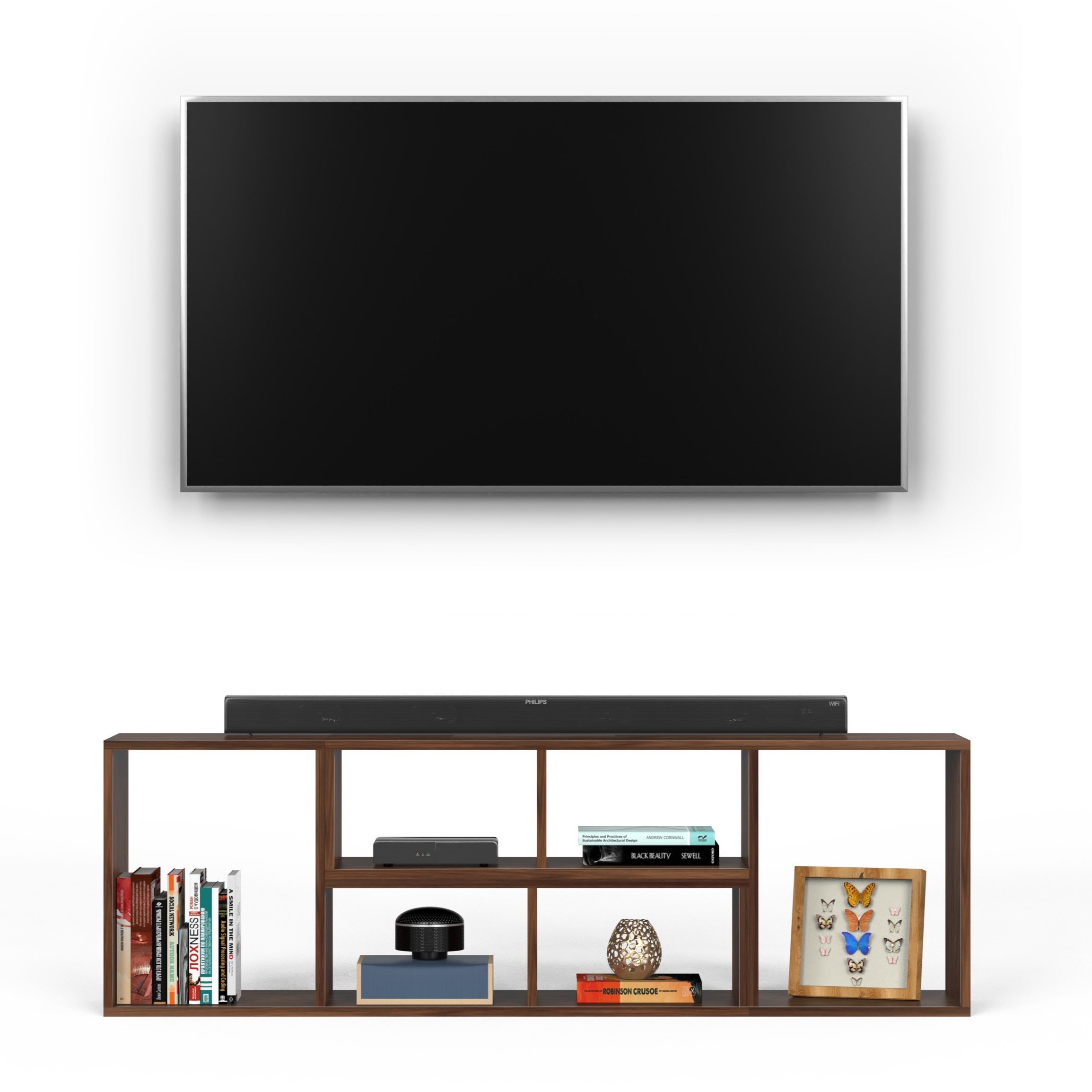 BLUEWUD Petel Engineered Wood TV Entertainment Unit/Versatile Adjustable TV Panel Stand & Storage Unit with 6 Compartments & Adjustable L-Shaped Shelves DIY Ideal Upto 65 Inches TV (Petel Brown Maple)