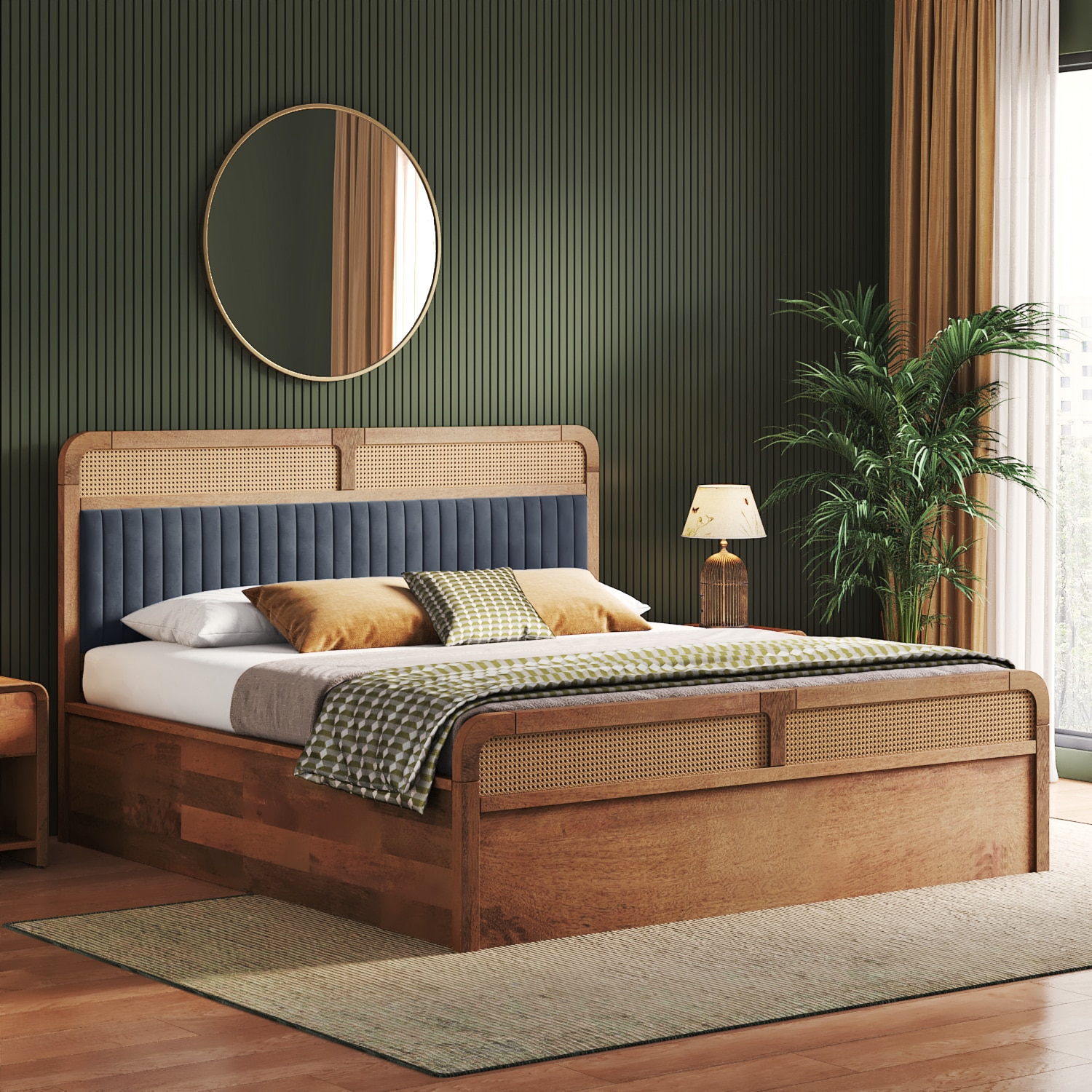 Hanoi Solid Wood Cane Queen Size Hydraulic storage Bed In Amber Walnut Finish Fabric Davis Plus