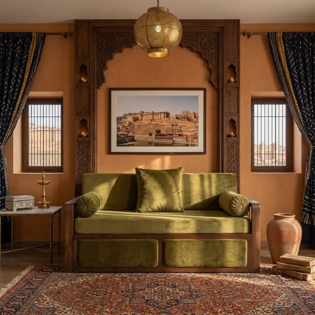 Dhuni Solid Wood Sofa cum bed With Rattan Cane Designed  In Provincial Teak Finish - Demiwall