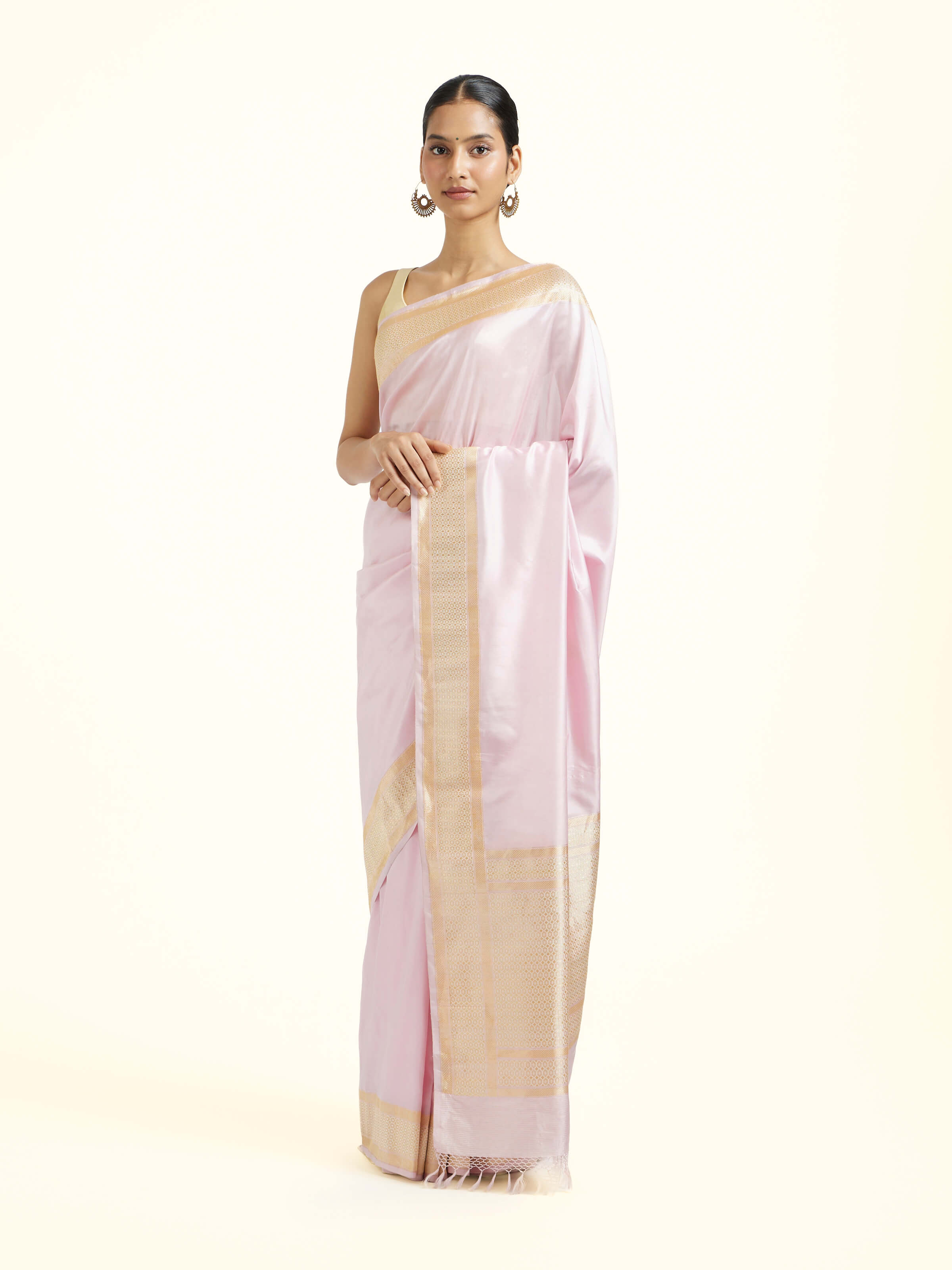Cream Pink Mulberry Katan Silk Banarasi Saree