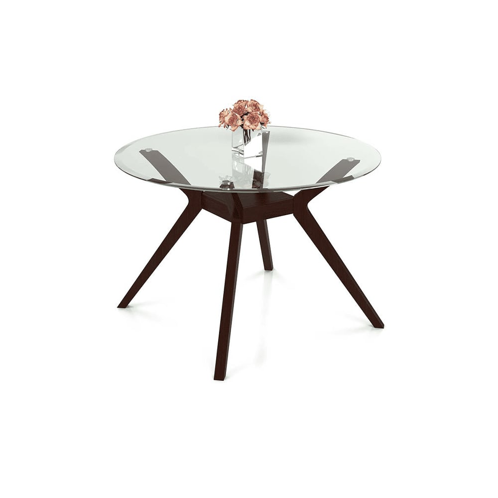 Wesley - Dalla 4 Seater Round Glass Top Dining Table Set (Colour- Grey , Finish- Dark Walnut)