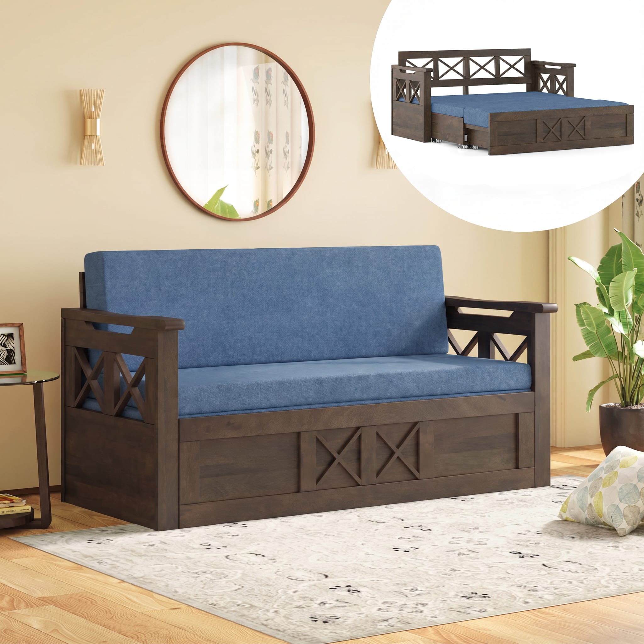Bram 3 Seater Pull Out Sofa cum Bed In Danish Walnut Finish Baltic Blue Colour