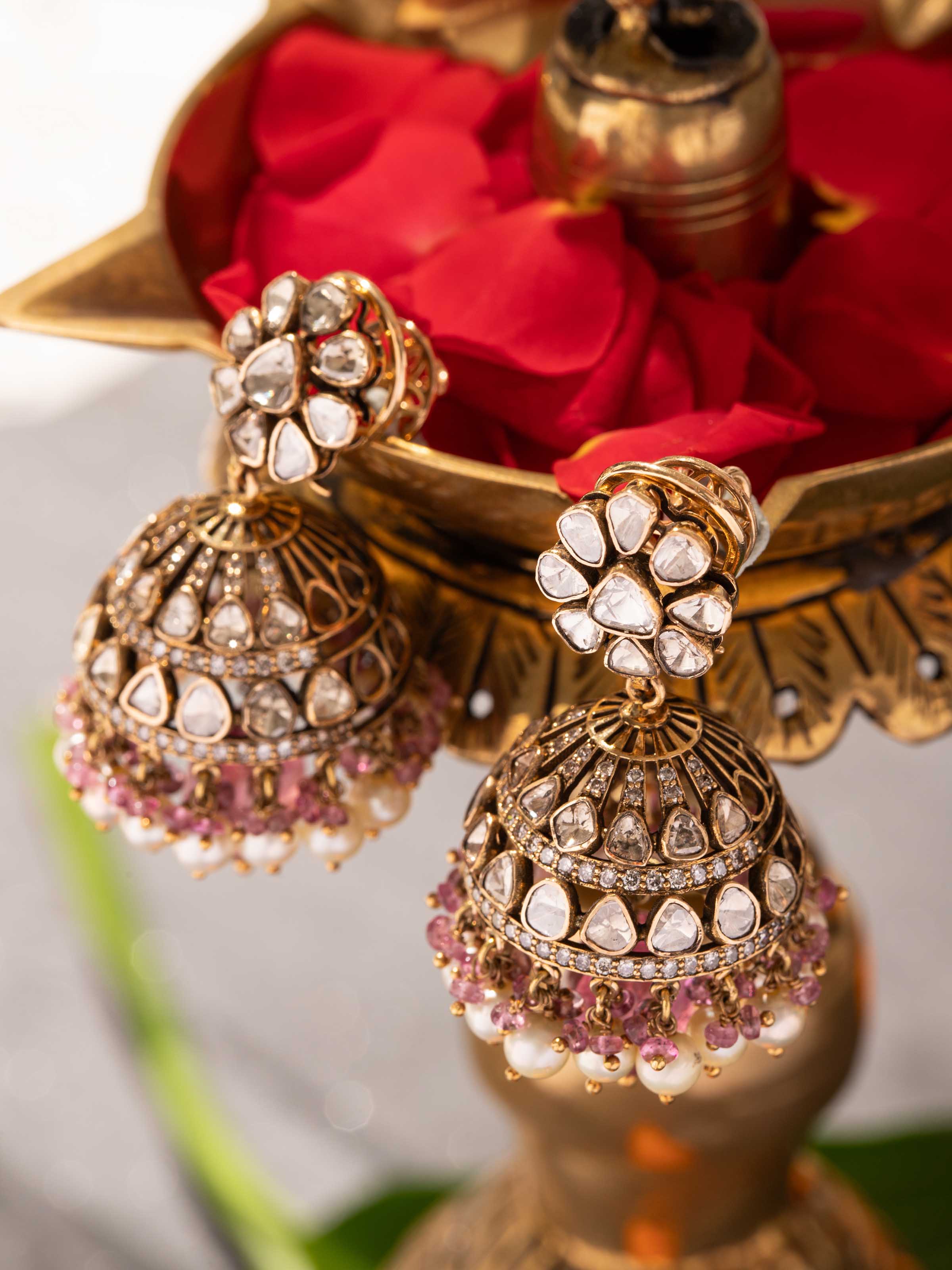 Dank Polki 18 Carat Gold Jhumkas