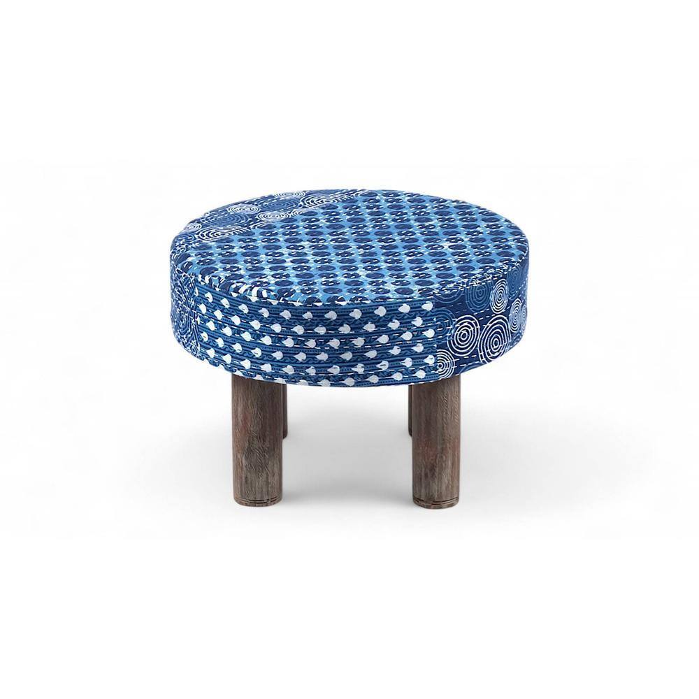 Maple Solid Wood Foot Stool in Indigo Patch Kantha Fabric
