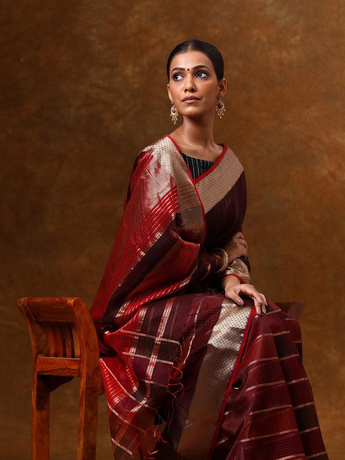 Maroon Cotton Silk Maheshwari Saree