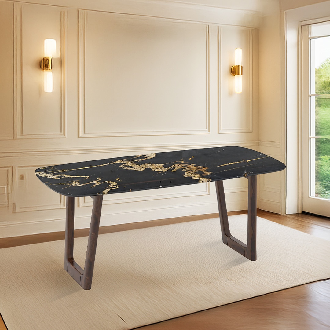 Adria Copa Cabana Black Stone 6 Seater Dining Table In New Walnut Finish